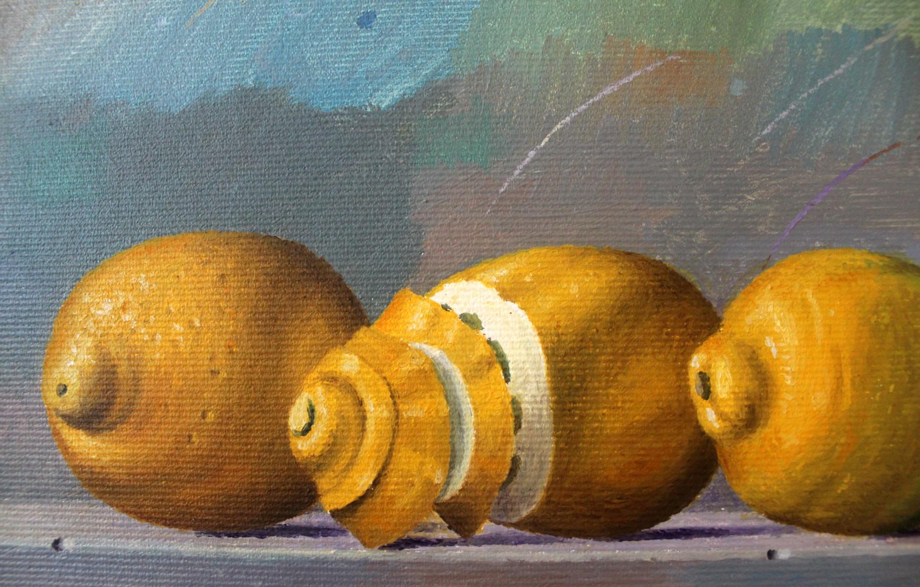 Lemons - Contemporary Figurative Oil Painting, Realistic, Fruits, Still life - Gray Figurative Painting by Zbigniew Wozniak