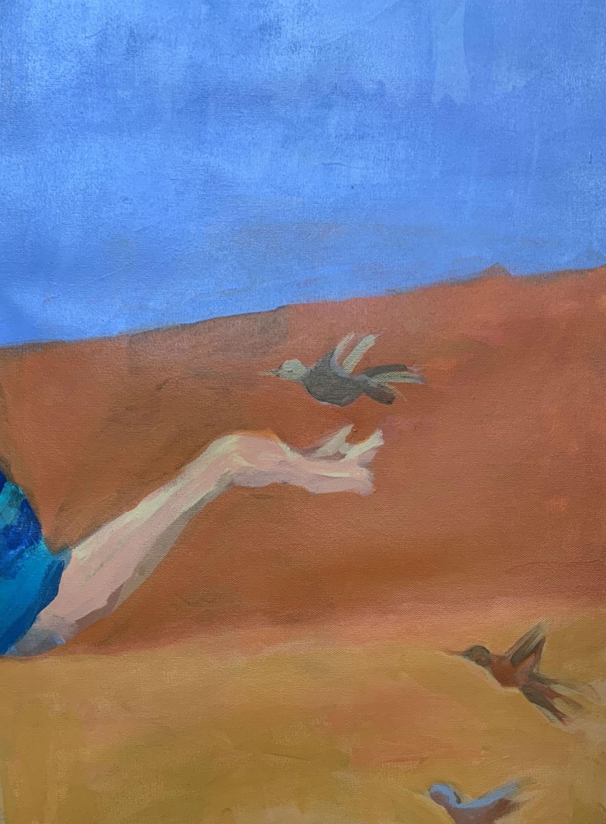 Kleiner Vogel – Zeitgenössisches figuratives Ölgemälde in leuchtenden Farben (Braun), Portrait Painting, von Monika Rossa