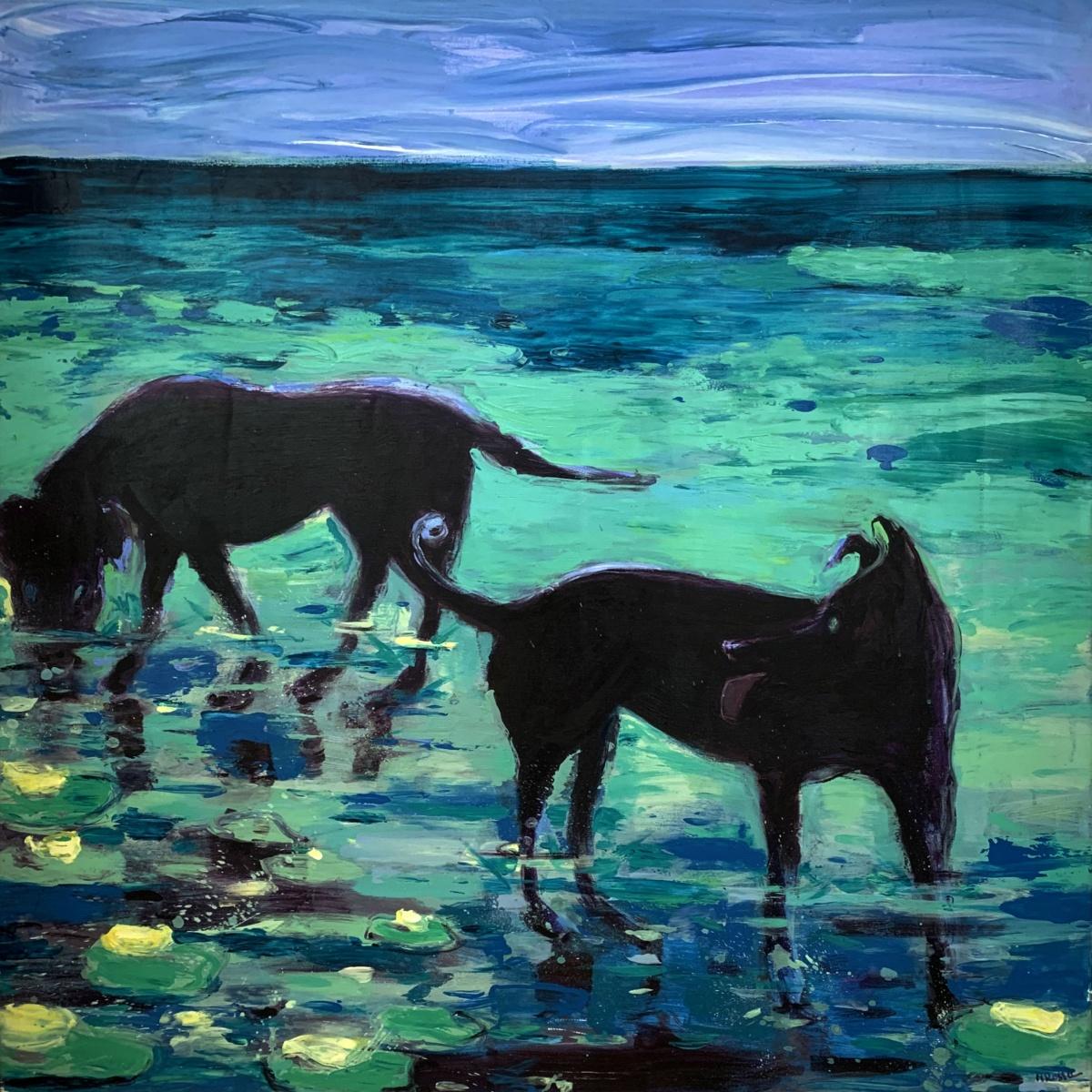 Monika Rossa Figurative Painting - Dogs - Contemporary Figurative Oil Painting, Bright Colors, Blue, Animals