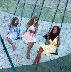 Turqoise swing - XXI century, Oil figurative painting, Colorful, Blue tones
