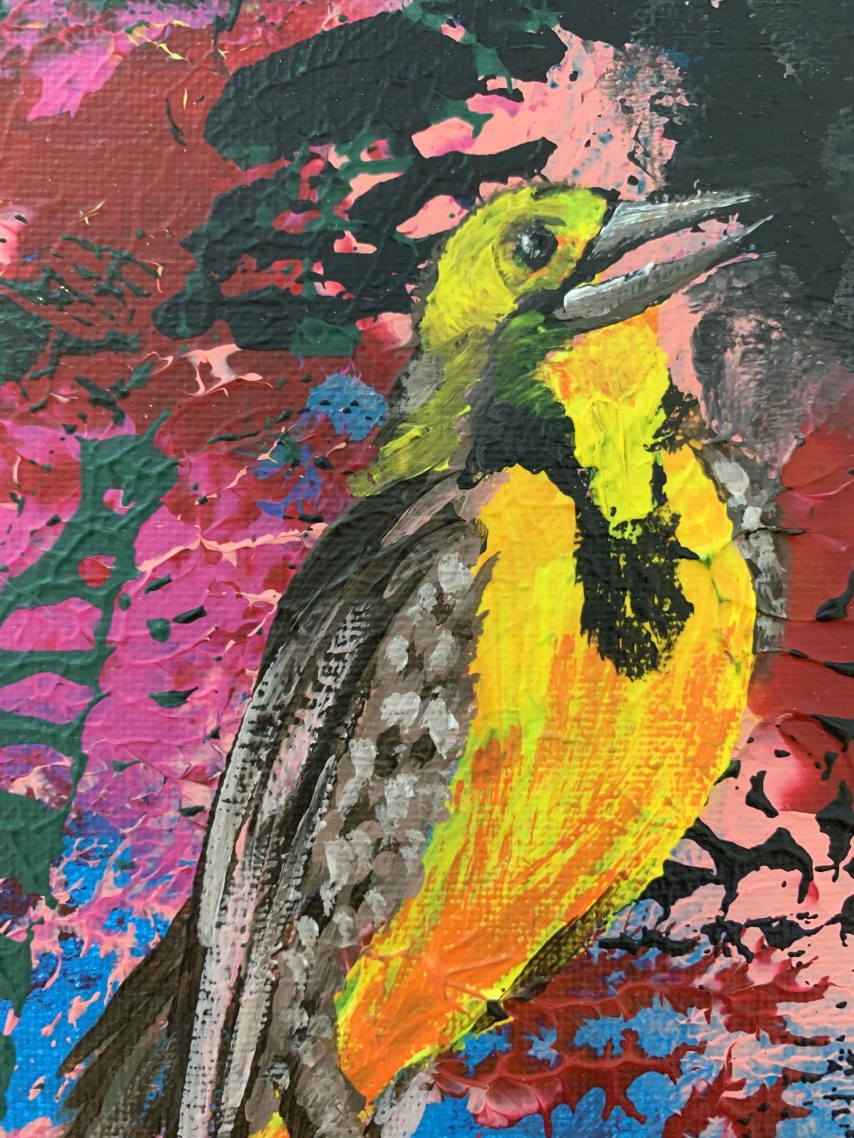 Gardens of Delight XLII- XXI century figurative oil painting, Bird, Colorful - Black Animal Painting by Magdalena Nałęcz