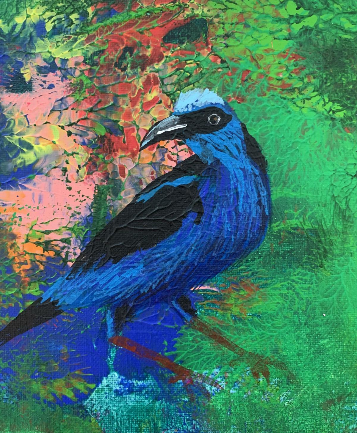 Gardens of Delight XLIII - XXI century figurative oil painting, Bird, Colorful - Contemporary Painting by Magdalena Nałęcz