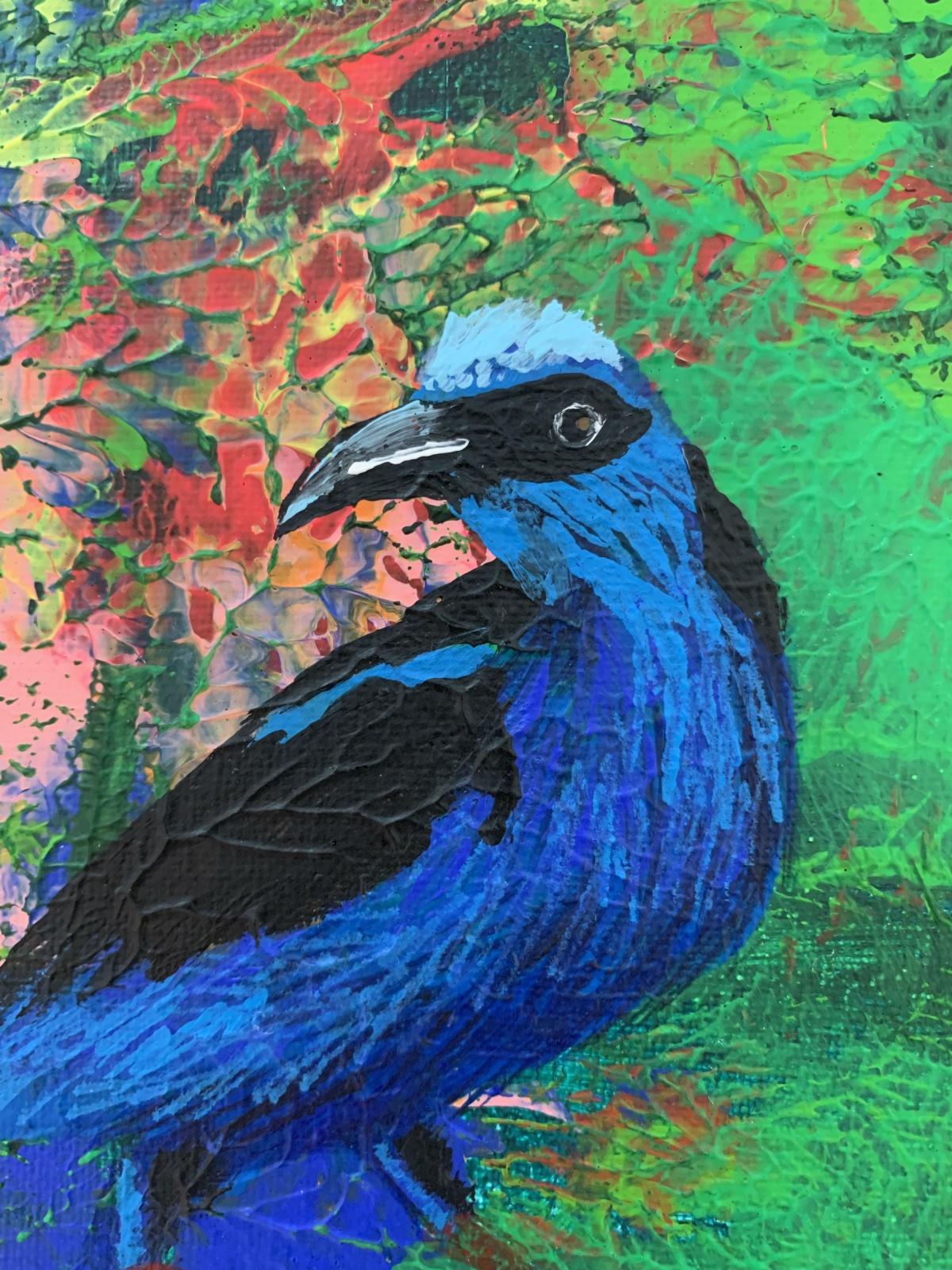 Gardens of Delight XLIII - XXI century figurative oil painting, Bird, Colorful - Blue Figurative Painting by Magdalena Nałęcz