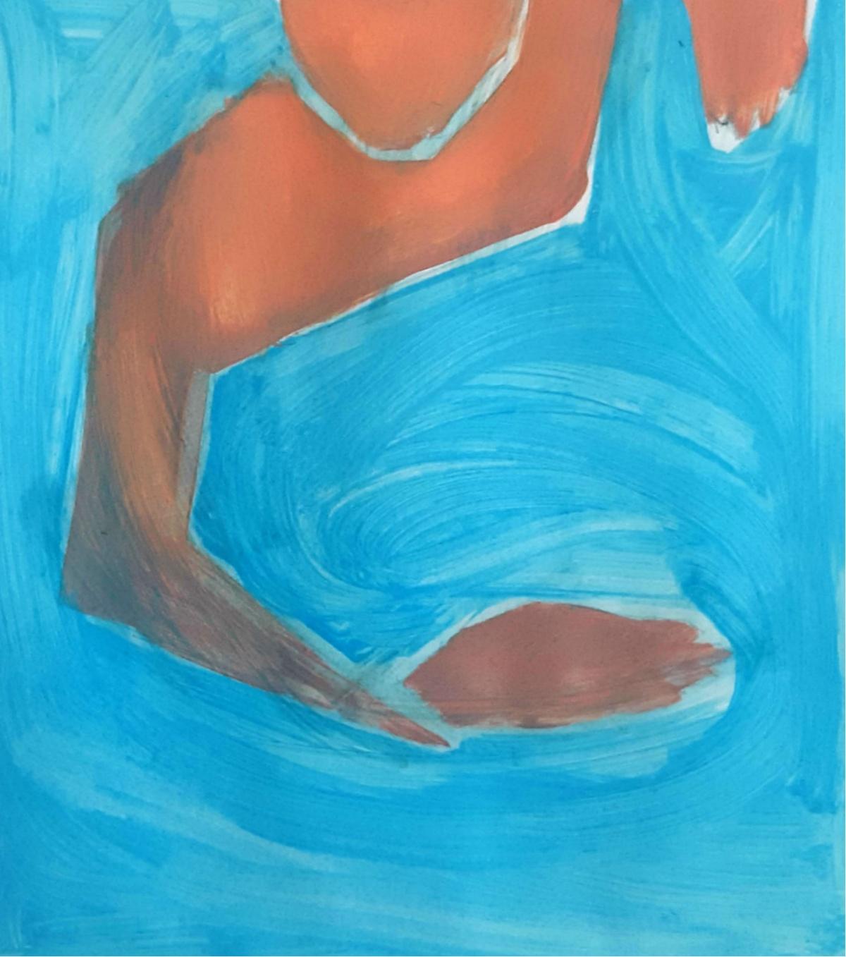 Waleria Matelska Figurative Painting - A swimmer - Figurative Acrylic Painting on Paper, Vibrant blue & orange
