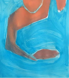 A swimmer - Figurative Acrylic Painting on Paper, Vibrant blue & orange