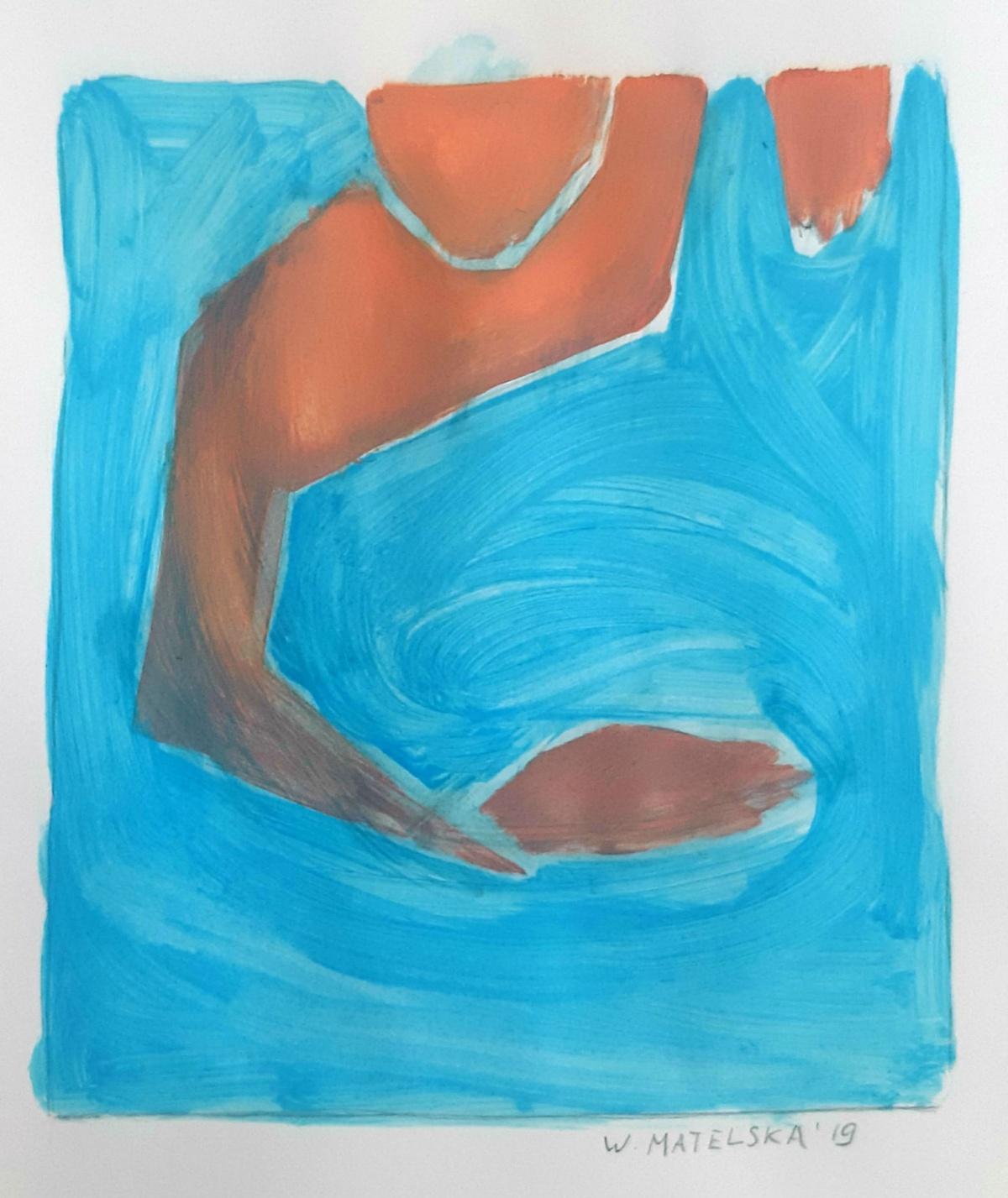 A swimmer - Figurative Acrylic Painting on Paper, Vibrant blue & orange - Blue Figurative Painting by Waleria Matelska