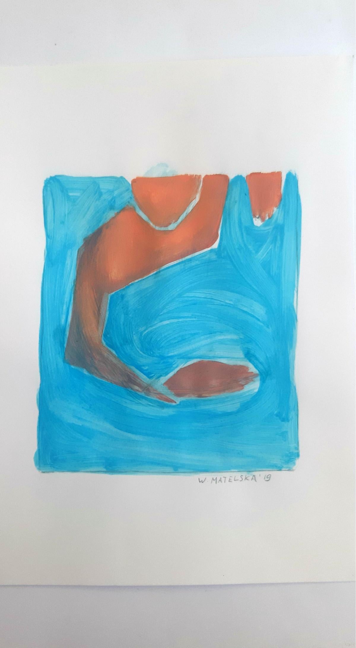 A swimmer - Figurative Acrylic Painting on Paper, Vibrant blue & orange 1