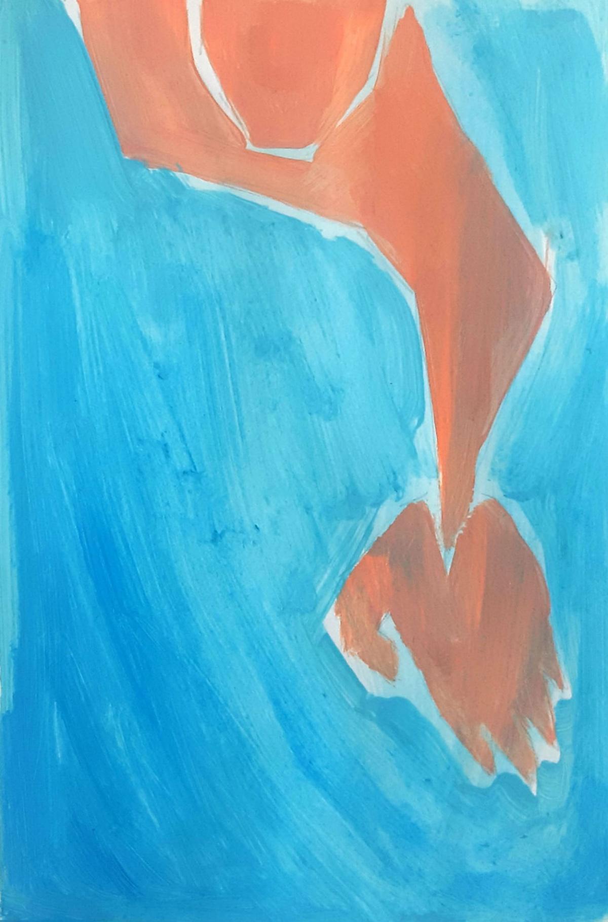 Waleria Matelska Abstract Painting - A swimmer - Figurative Acrylic Painting on Paper, Vibrant blue & orange