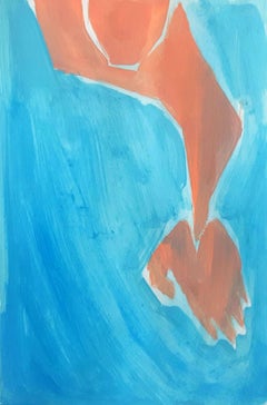 A swimmer - Figurative Acrylic Painting on Paper, Vibrant blue & orange