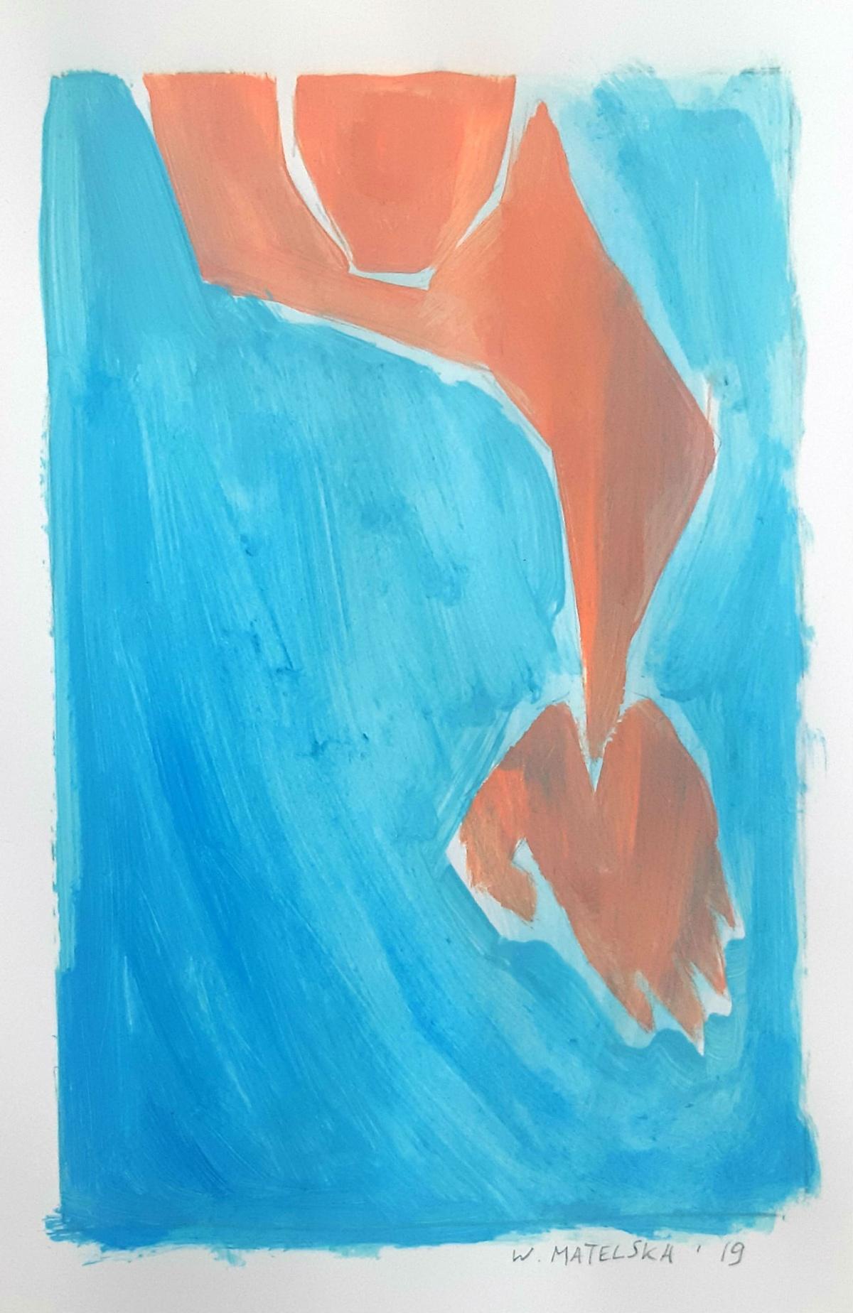 A swimmer - Figurative Acrylic Painting on Paper, Vibrant blue & orange - Blue Abstract Painting by Waleria Matelska
