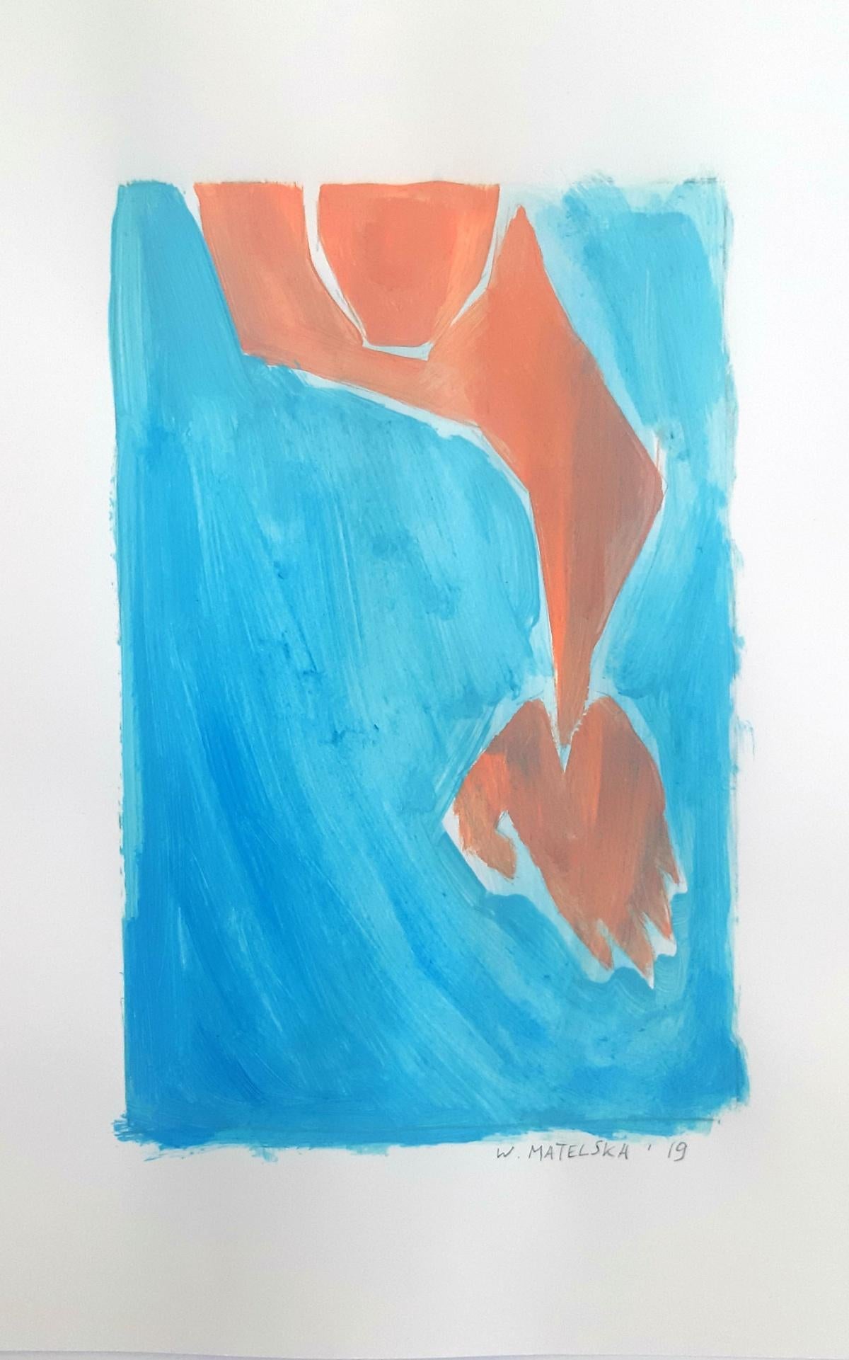 A swimmer - Figurative Acrylic Painting on Paper, Vibrant blue & orange 1