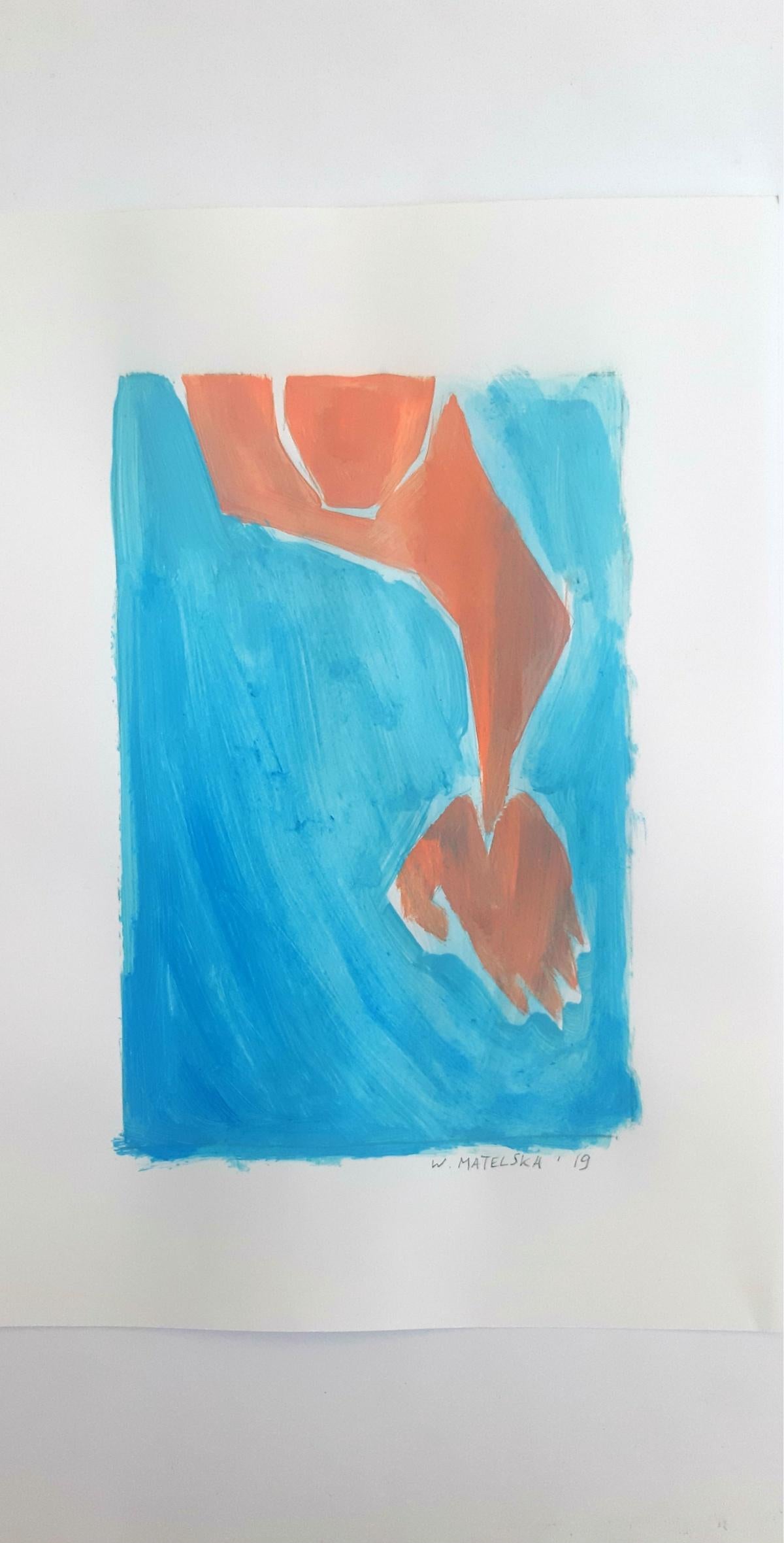 A swimmer - Figurative Acrylic Painting on Paper, Vibrant blue & orange 2