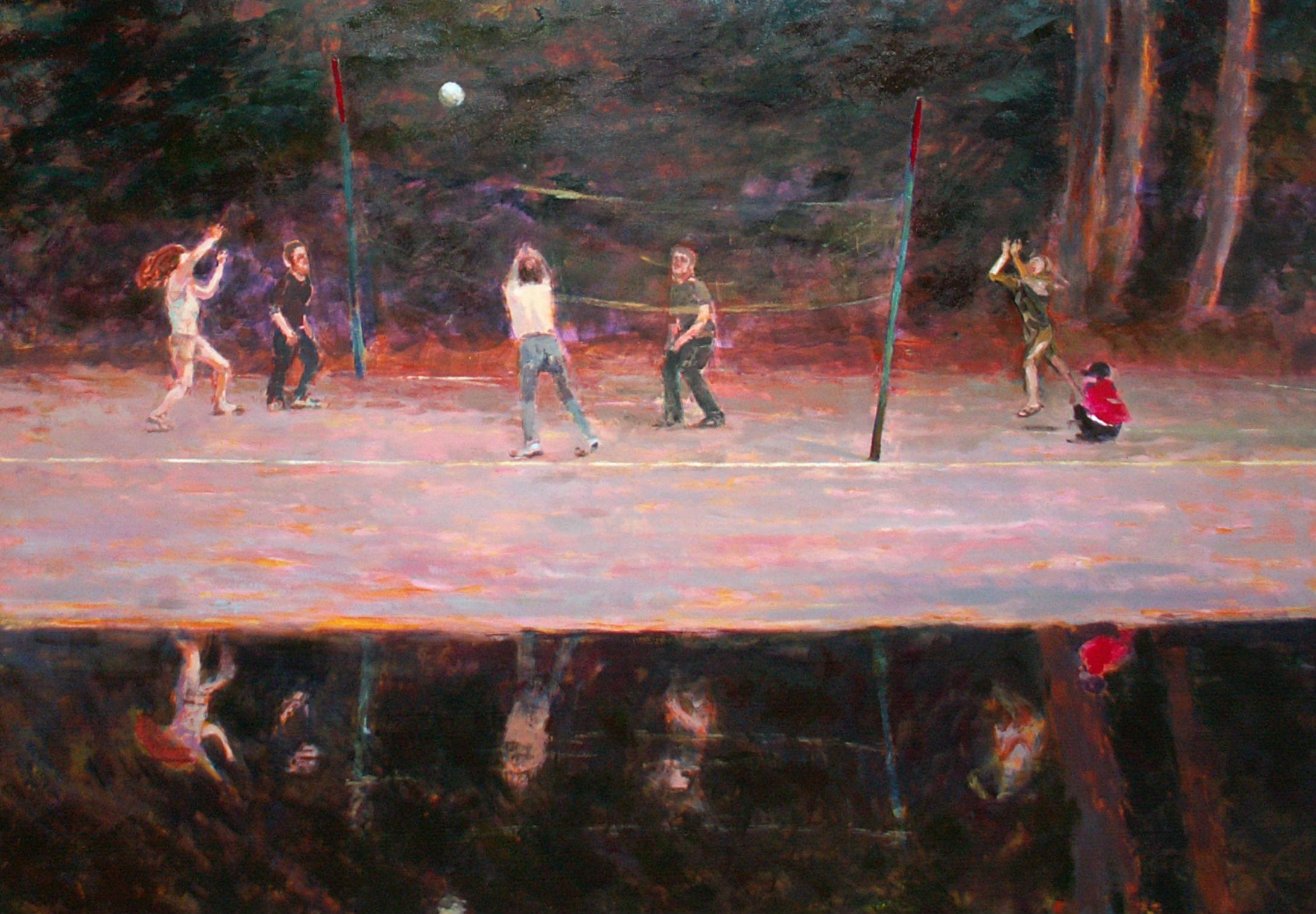 Volleyball – Zeitgenössisches figuratives Ölgemälde, Sport, Landschaft, 21. Jahrhundert