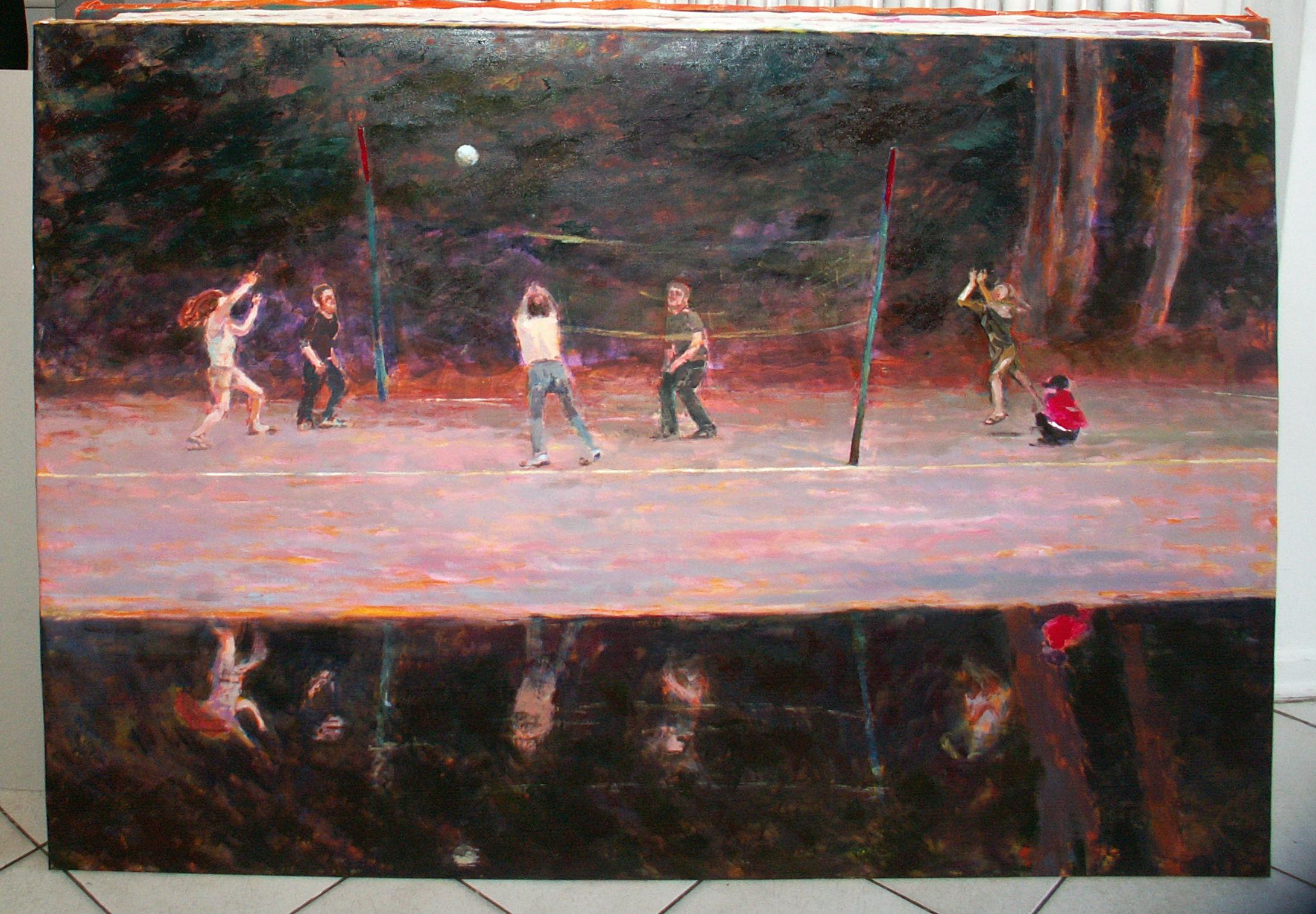 Volleyball – Zeitgenössisches figuratives Ölgemälde, Sport, Landschaft, 21. Jahrhundert – Painting von Dorota Zych-Charaziak