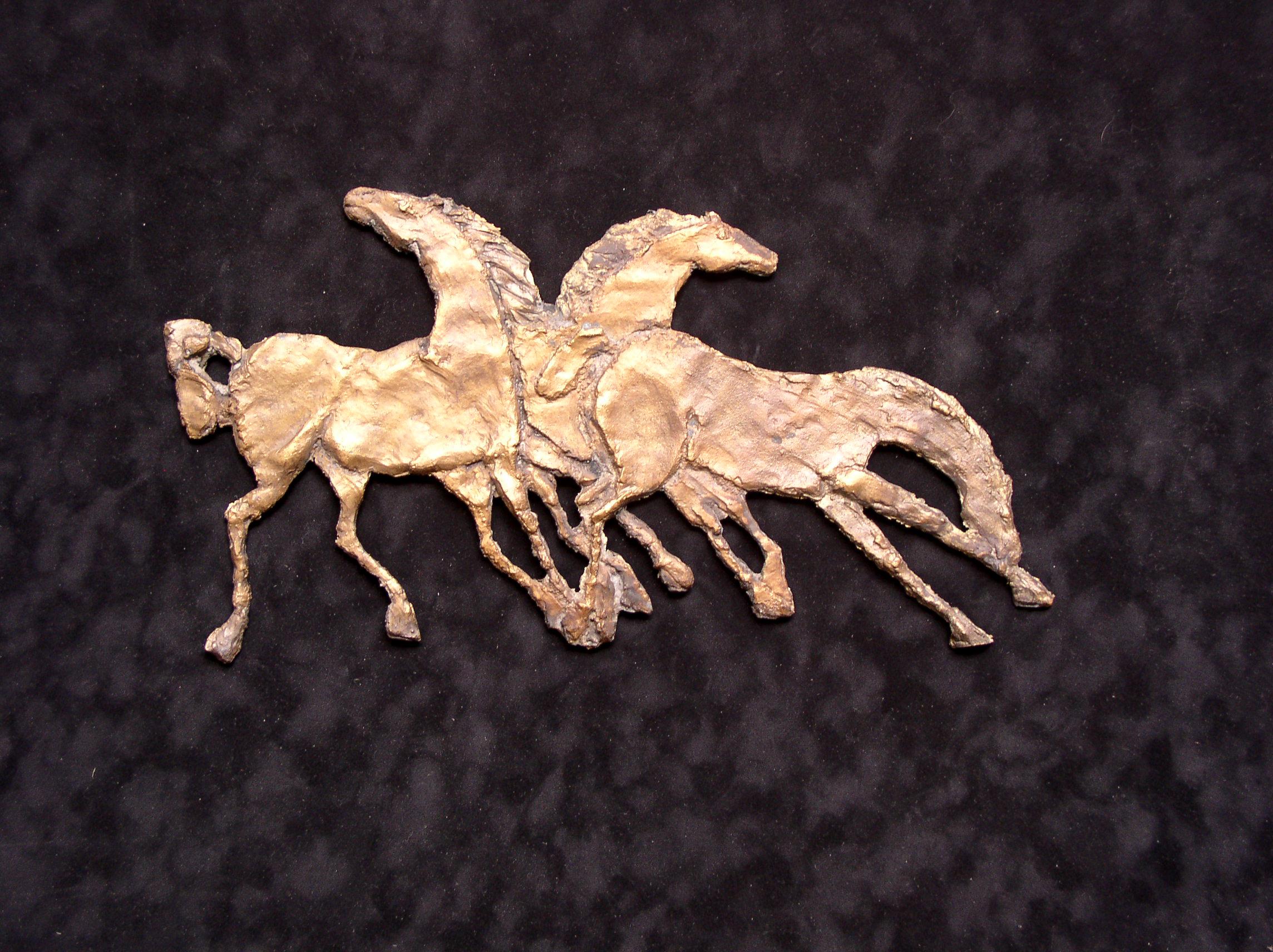 Horses - Mixed media, Bronze relief on velvet, Figurative, Animals - Gold Figurative Sculpture by Lesniak