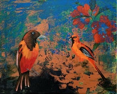 Gardens of Delight LII - XXI century figurative oil painting, Birds, Colorful