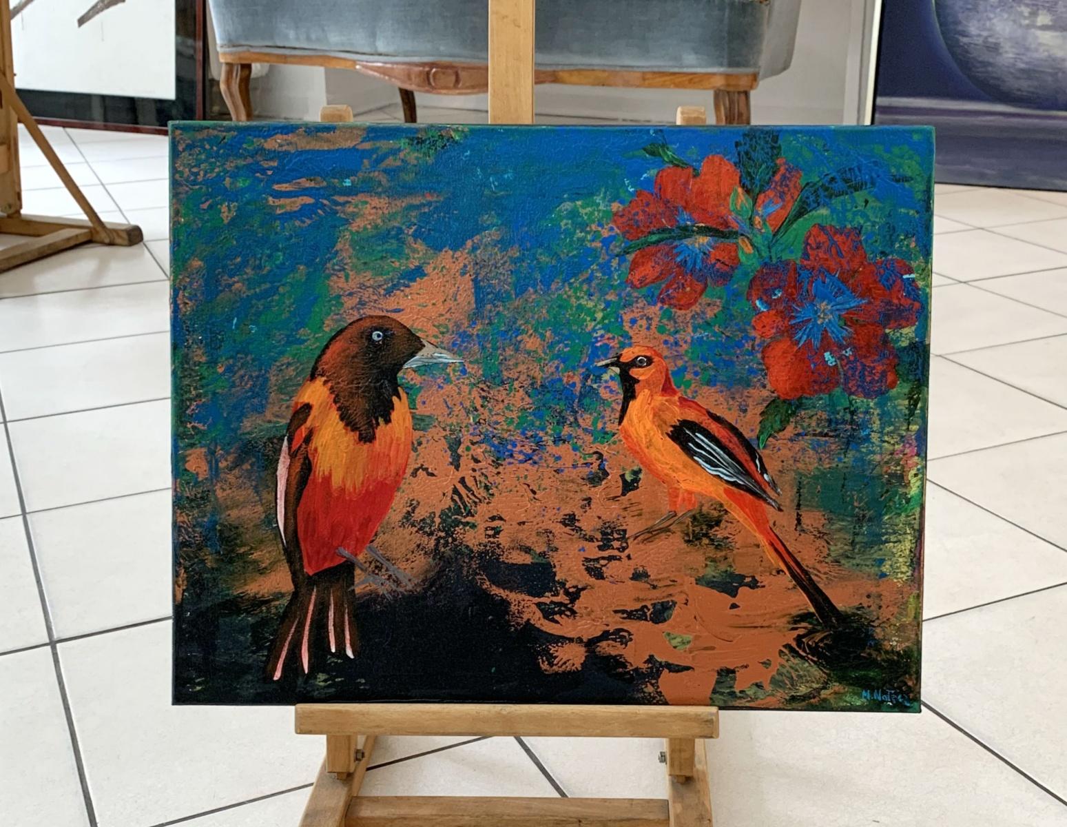 Gardens of Delight LII - XXI century figurative oil painting, Birds, Colorful - Painting by Magdalena Nałęcz