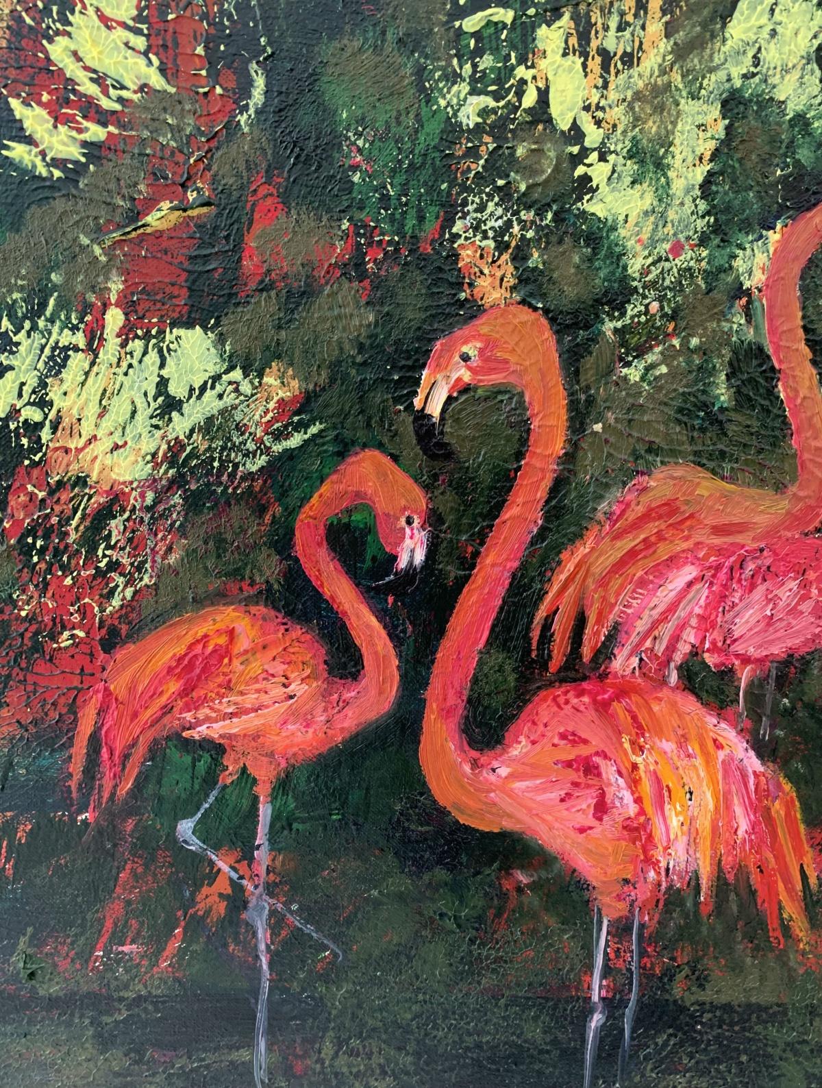 Gardens of Delight XXXIV - XXI century figurative oil painting, Birds, Colorful - Black Figurative Painting by Magdalena Nałęcz