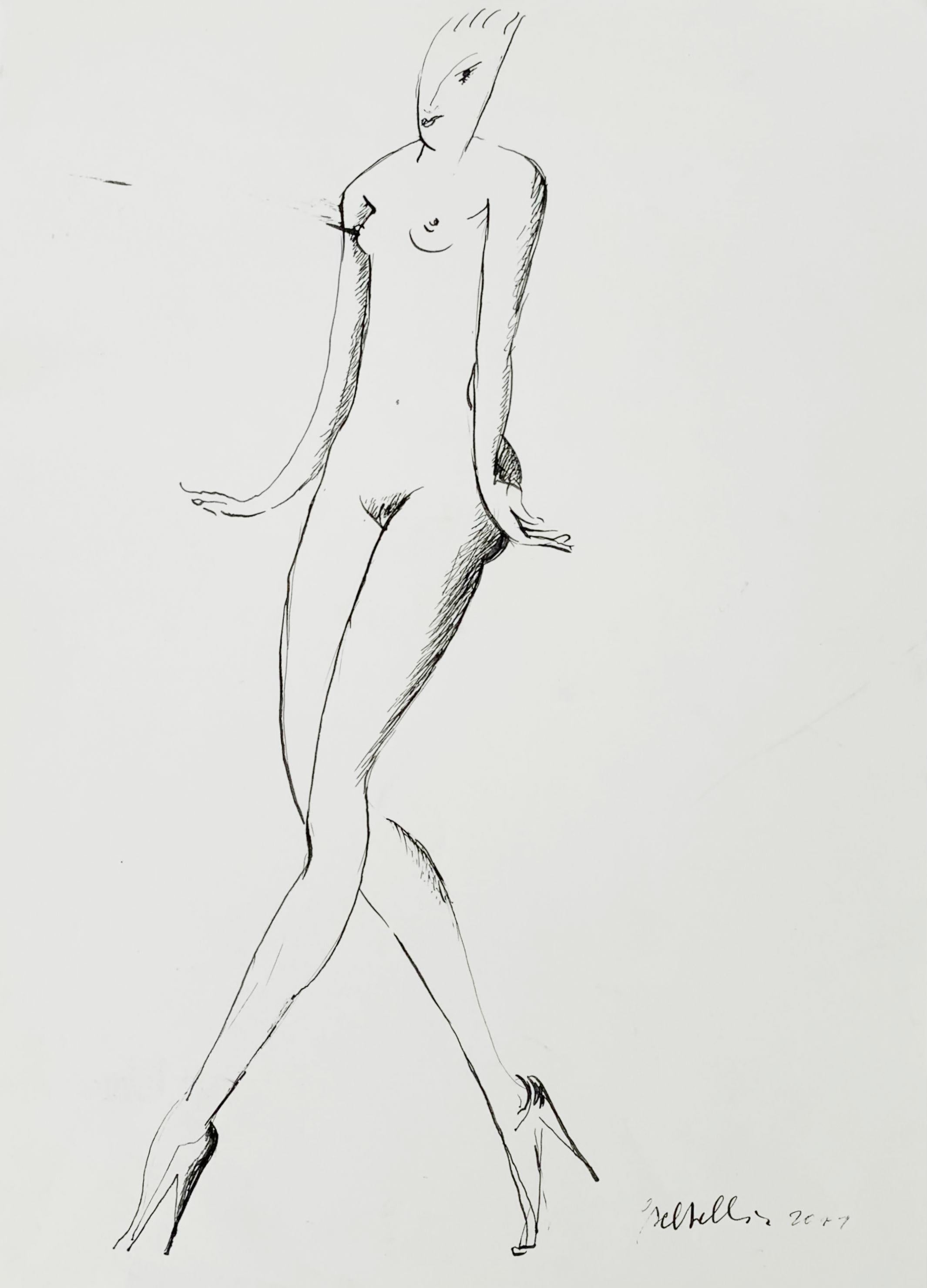 Nude - XXI century, Figurative ink drawing, Nude, Black and white, Minimalist