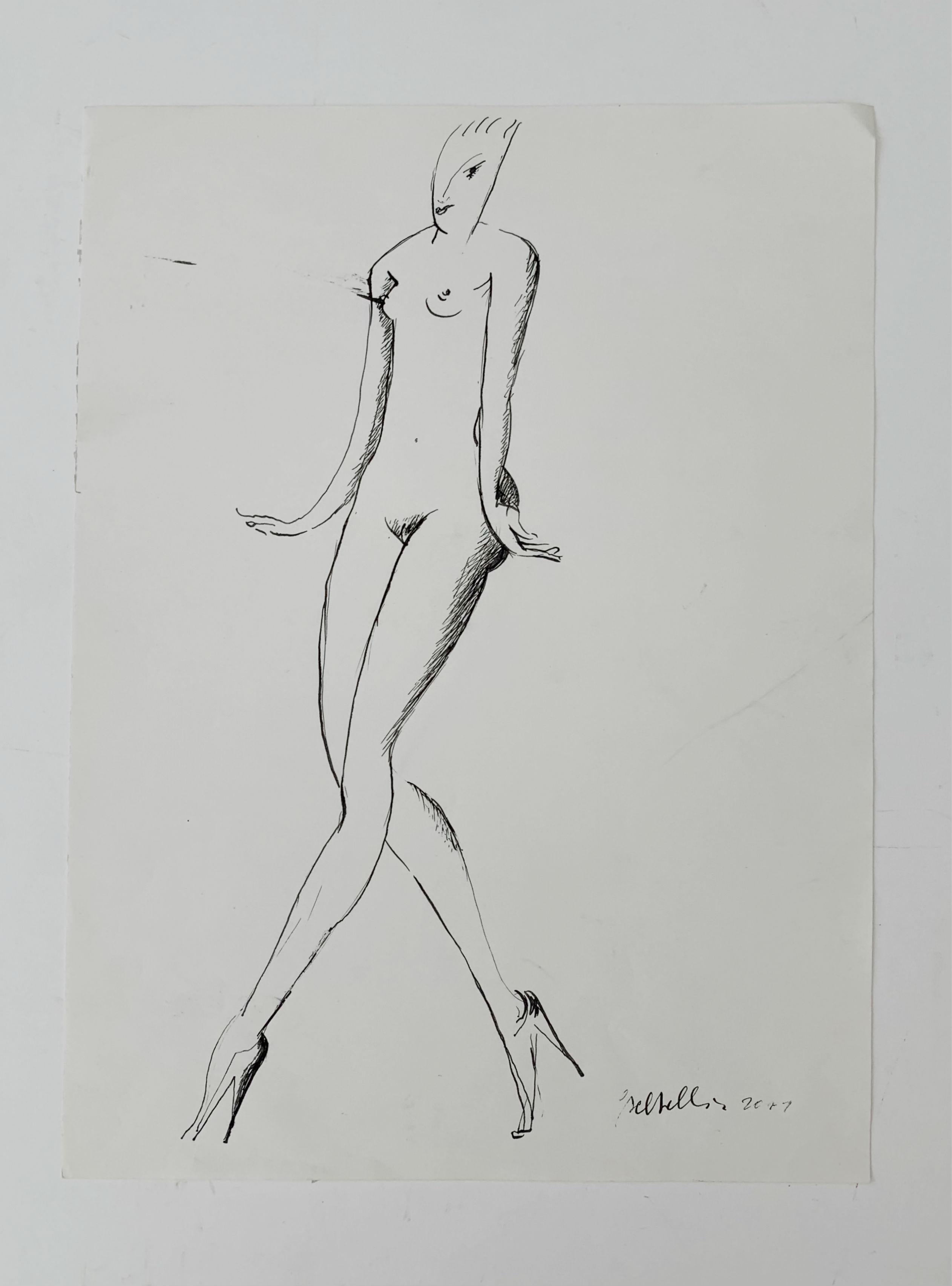 Nude – 21. Jahrhundert, Figurative Tuschezeichnung, Nude, Schwarz und Weiß, Minimalistisch – Art von Giuseppe del Debbio