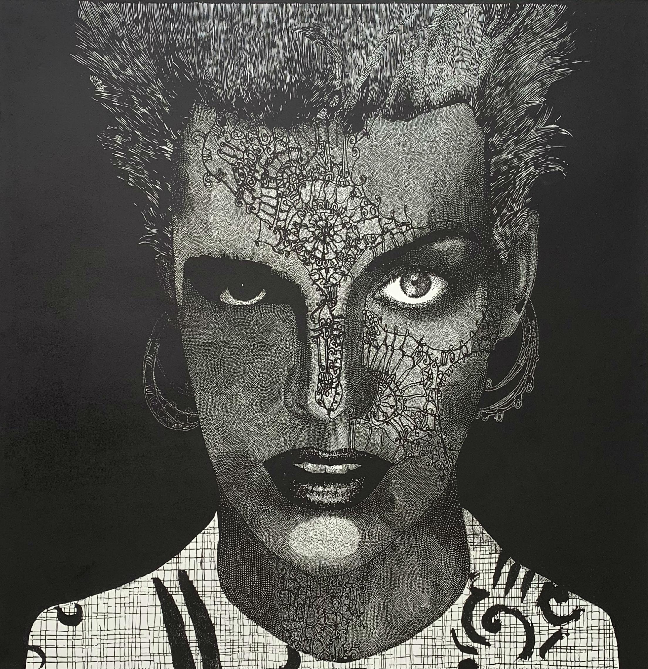 Feast of moon - XXI Century Contemporary Linocut Print Surrealism, Black & white