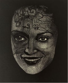 Saba - Siglo XXI Impresión Contemporánea en Linograbado Surrealismo, Blanco y Negro