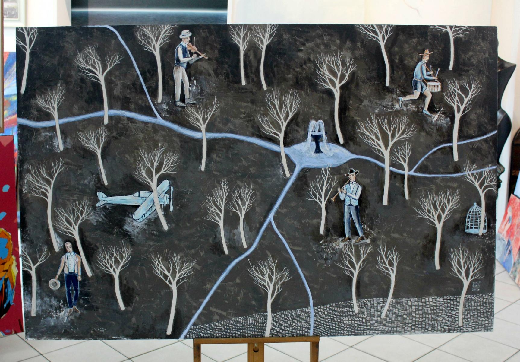 The Source - Peinture figurative contemporaine, couleurs foncées, XXIe siècle - Noir Landscape Painting par Józef Chyży