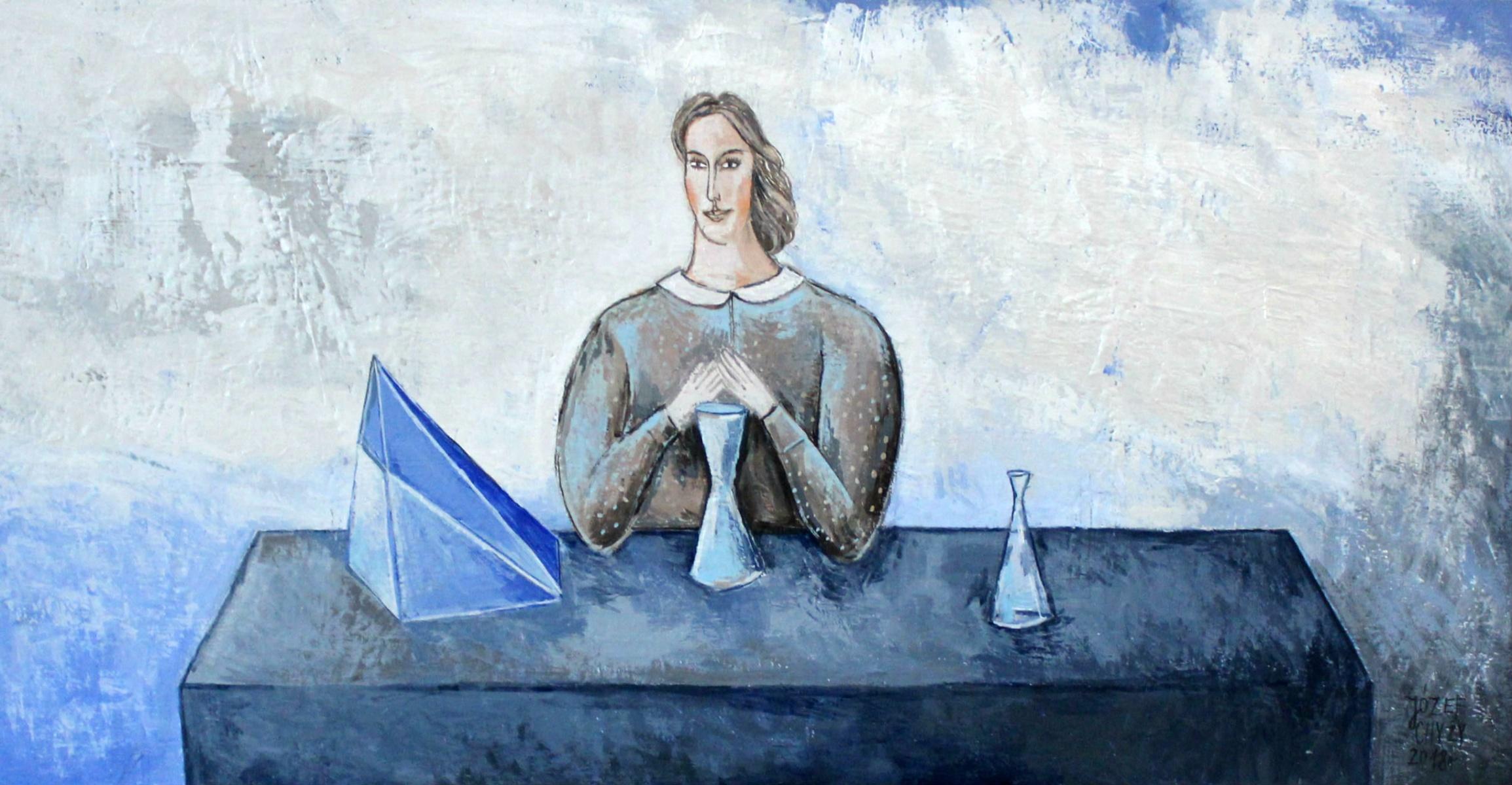 Figurative Painting de Józef Chyży - Un Ritual - Siglo XXI, Pintura Acrílica Figurativa Contemporánea, Color Azul