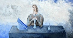 Un rituel - XXIe siècle, peinture figurative contemporaine en acrylique, couleur bleue