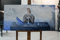 Un rituel - XXIe siècle, peinture acrylique figurative contemporaine, couleur bleue