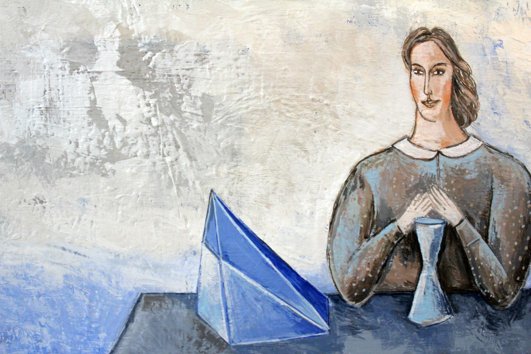 Un Ritual - Siglo XXI, Pintura Acrílica Figurativa Contemporánea, Color Azul - Painting Contemporáneo de Józef Chyży