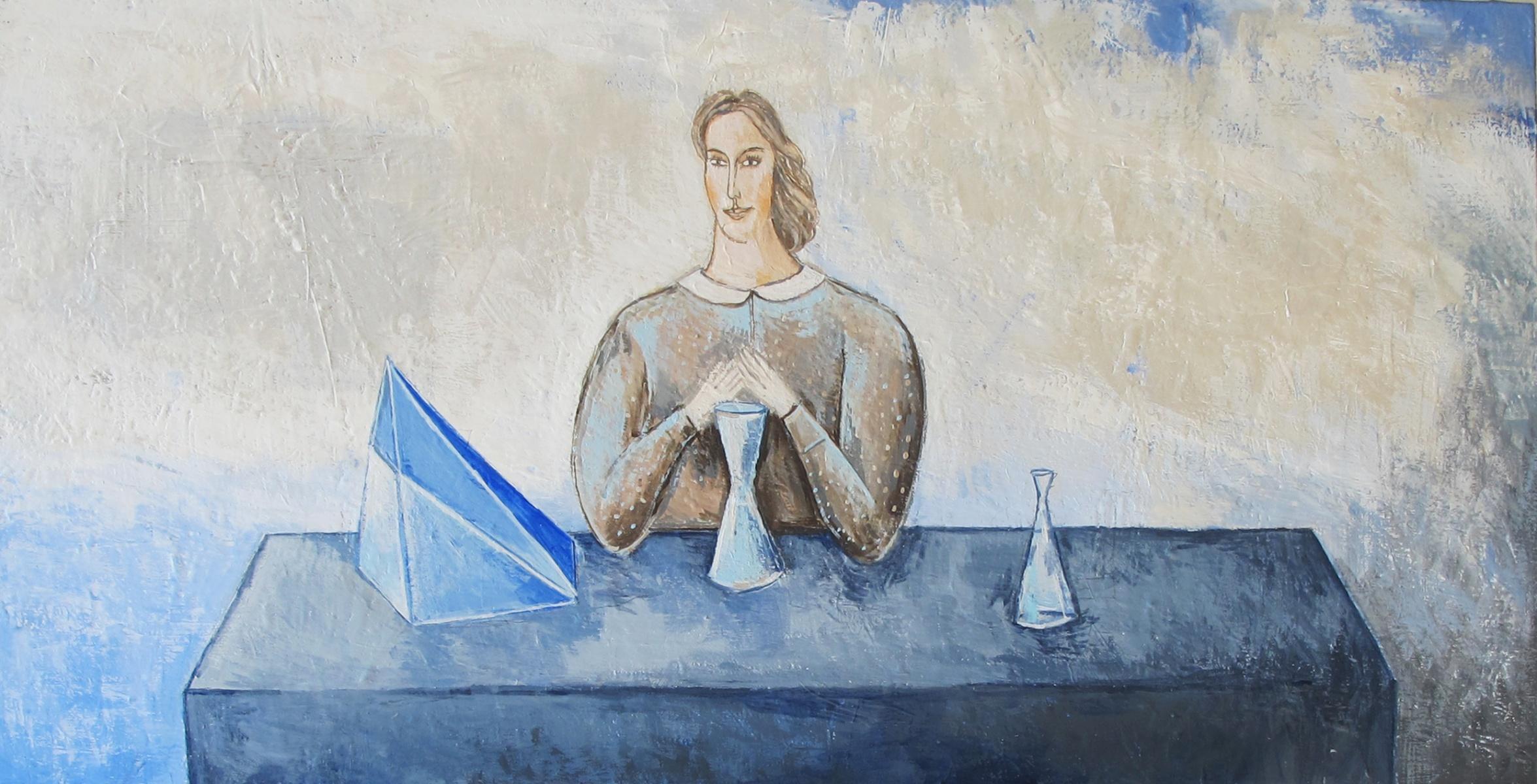 A Ritual - XXI Century, Contemporary Figurative Acrylic Painting, Blue Color For Sale 1