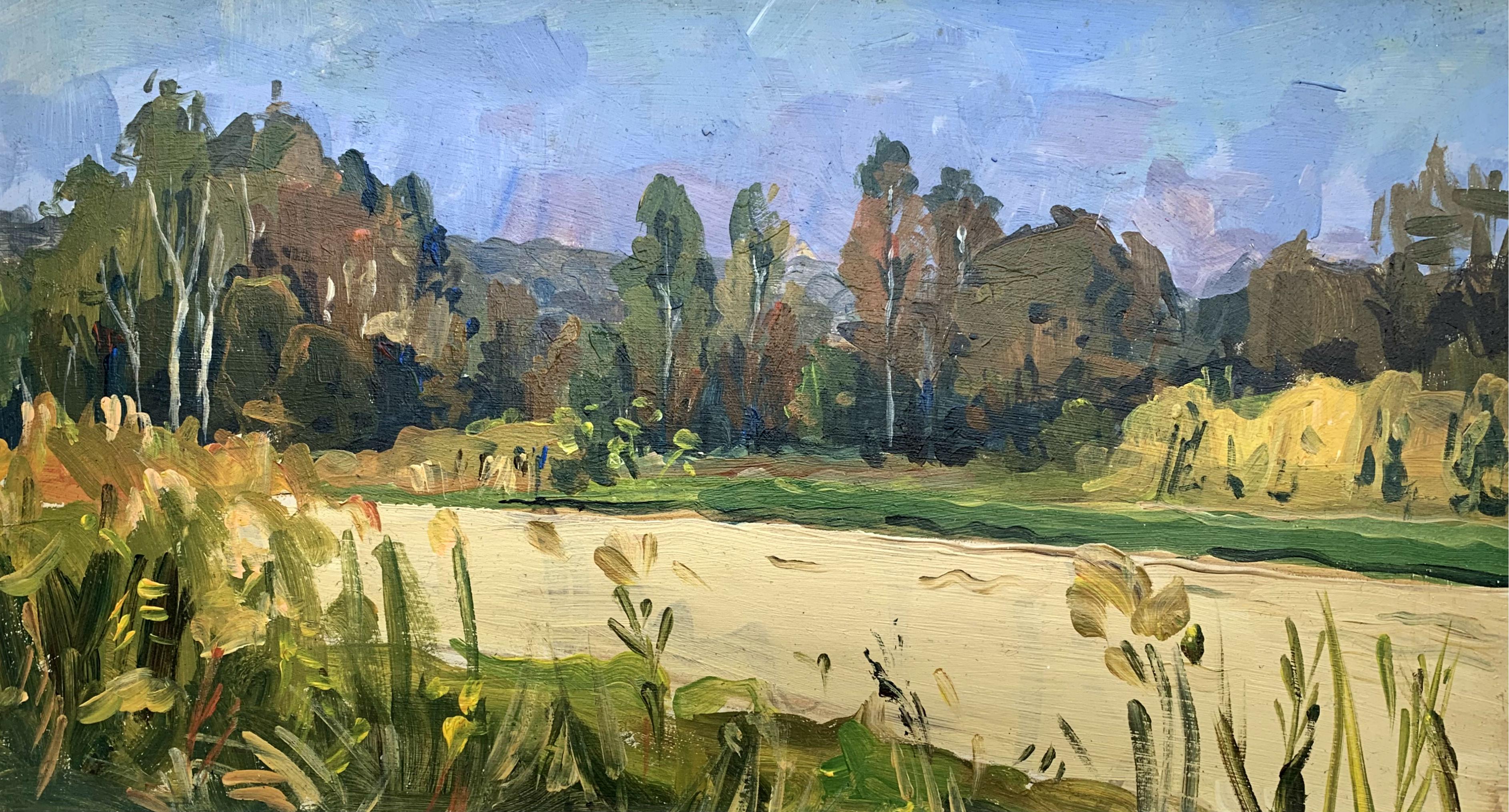 September - XXIe siècle, peinture à l'huile contemporaine de paysage aux tons chauds, réalisme