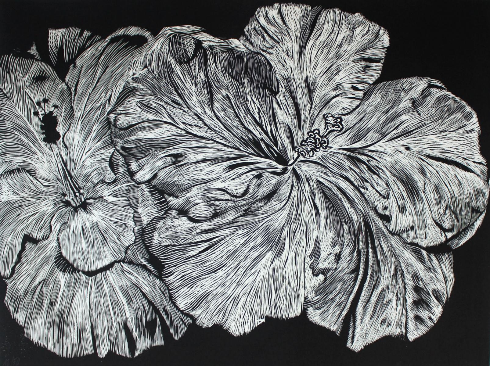 Hibiskus – 21. Jahrhundert, Linoschliff, Blume, zeitgenössische figurative Kunst