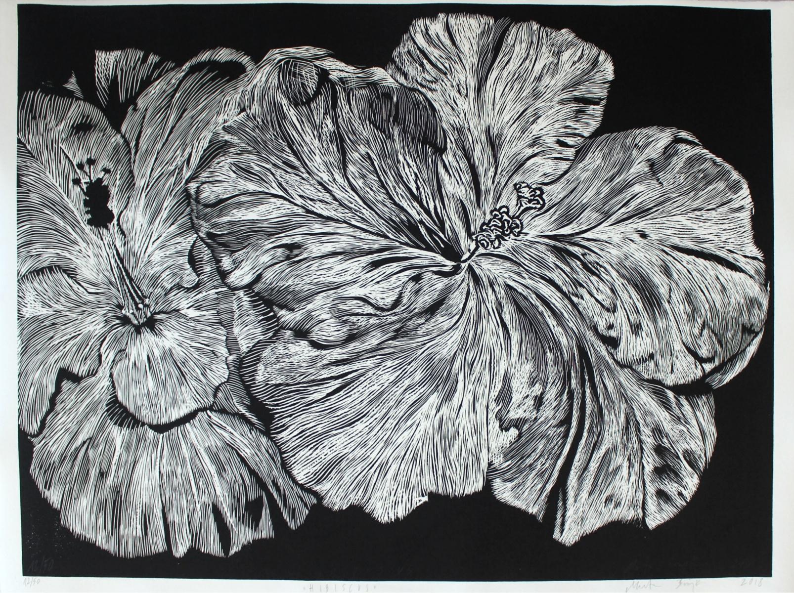 Hibiscus - XXI century, Linocut, Flower, Contemporary Figurative Art - Print by Marta Bozyk