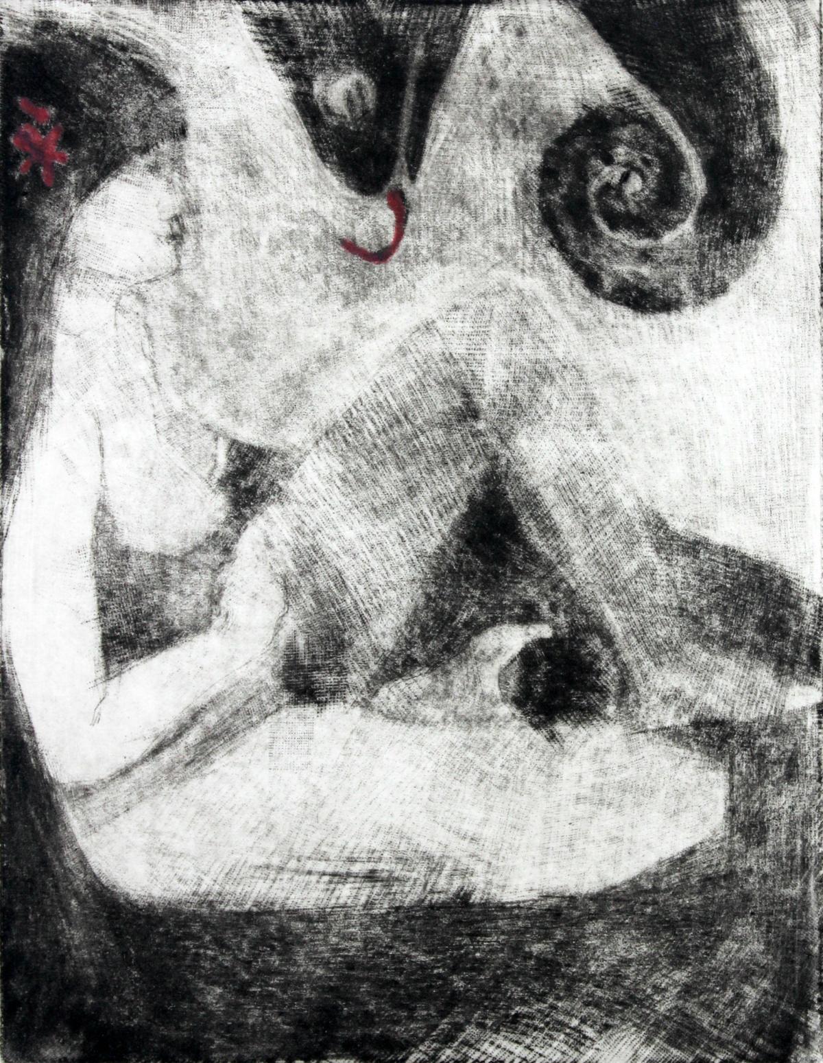 Mit einem Chameleon (Rote Version) – 21. Jahrhundert, Schwarz-Weiß-Figurendruck