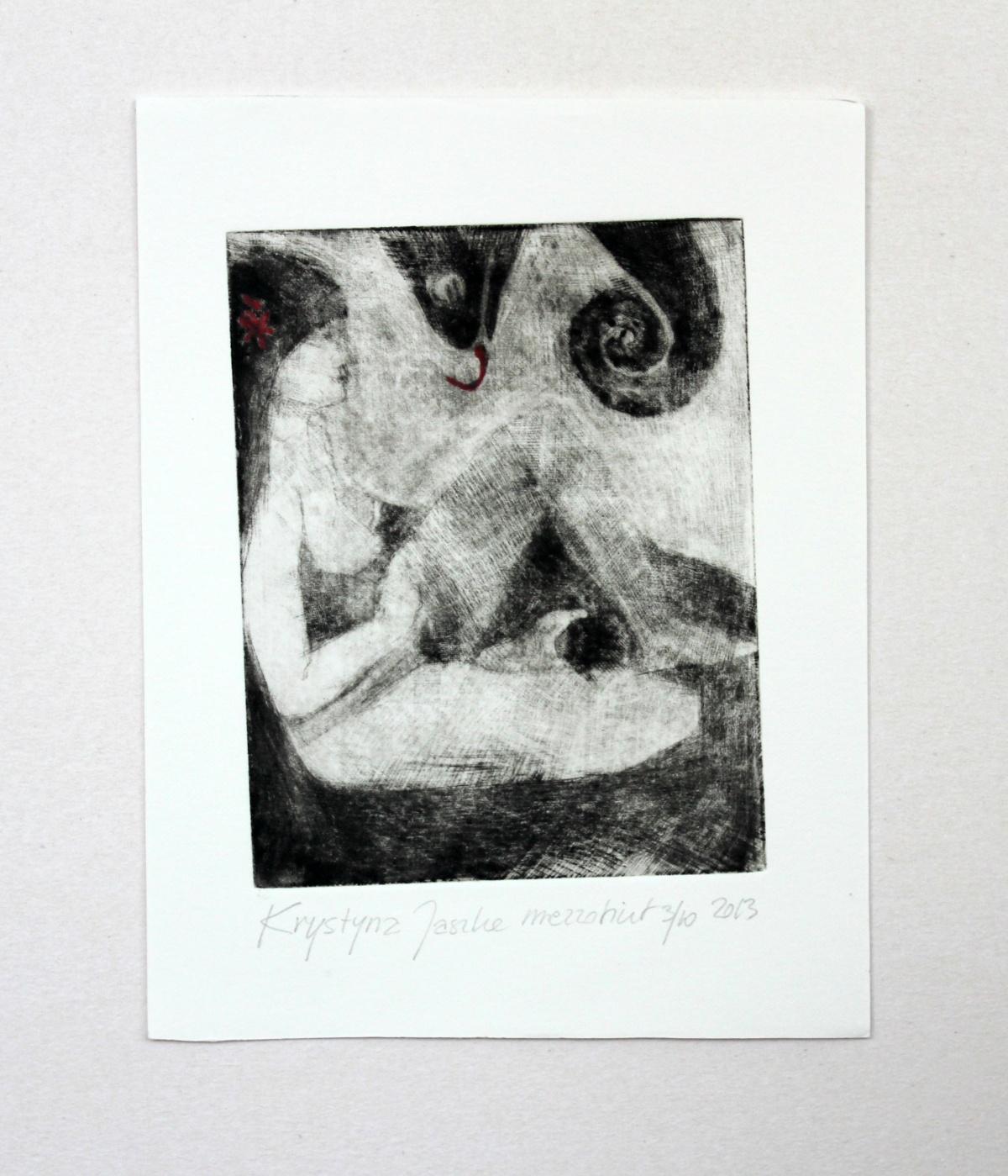 Con un camaleón (versión roja) - Siglo XXI, Impresión figurativa en blanco y negro - Figurative Print Gris de Krystyna Jaszke