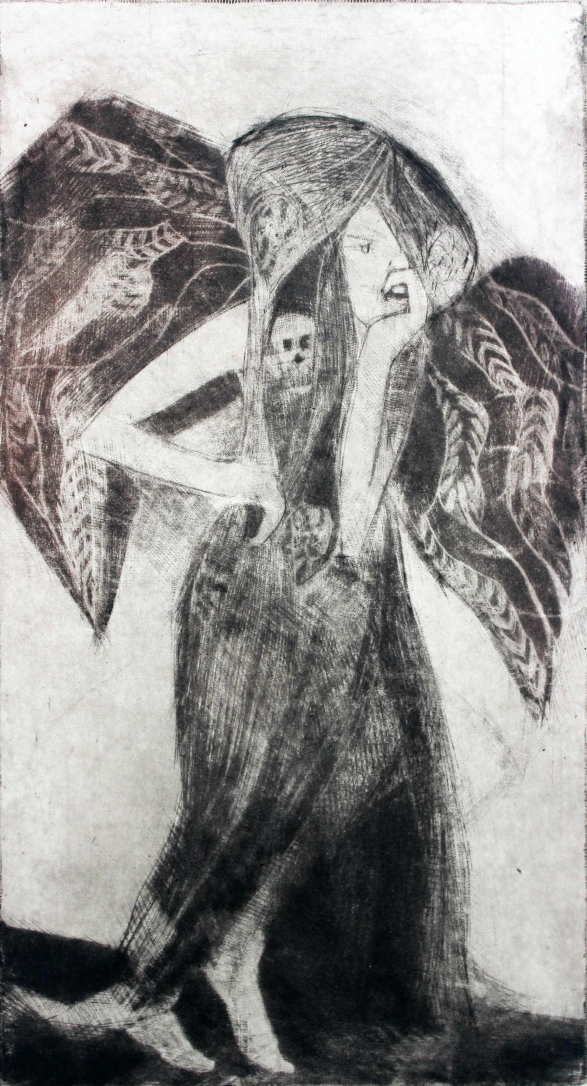 Krystyna Jaszke Figurative Print – Fallen angel - XXI Jahrhundert, Zeitgenössischer figurativer Druck, Schwarz-Weiß, Mythos