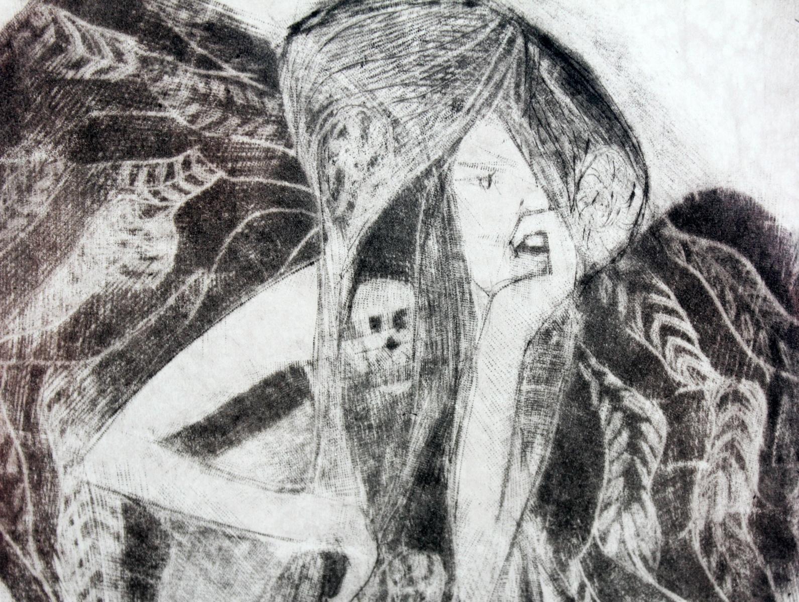 Fallen angel - XXI Jahrhundert, Zeitgenössischer figurativer Druck, Schwarz-Weiß, Mythos – Print von Krystyna Jaszke