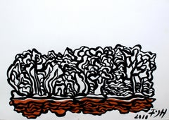 Paysage - XXIe siècle, dessin abstrait contemporain noir, blanc et orange