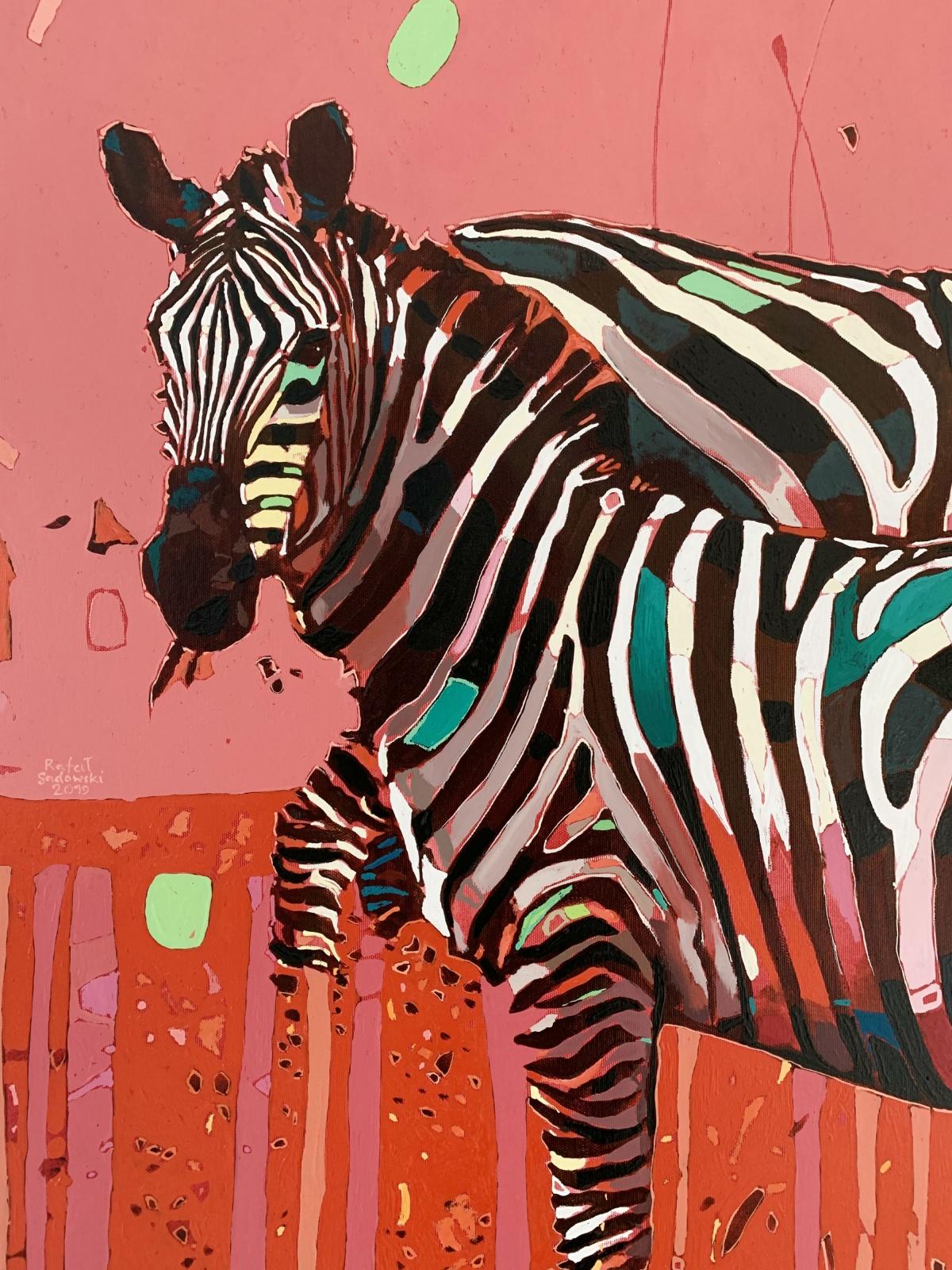 Zebra 07 ( Animal) - XXI Century, Contemporary Figurative Oil Painting, Animals - Brown Figurative Painting by Rafał Gadowski