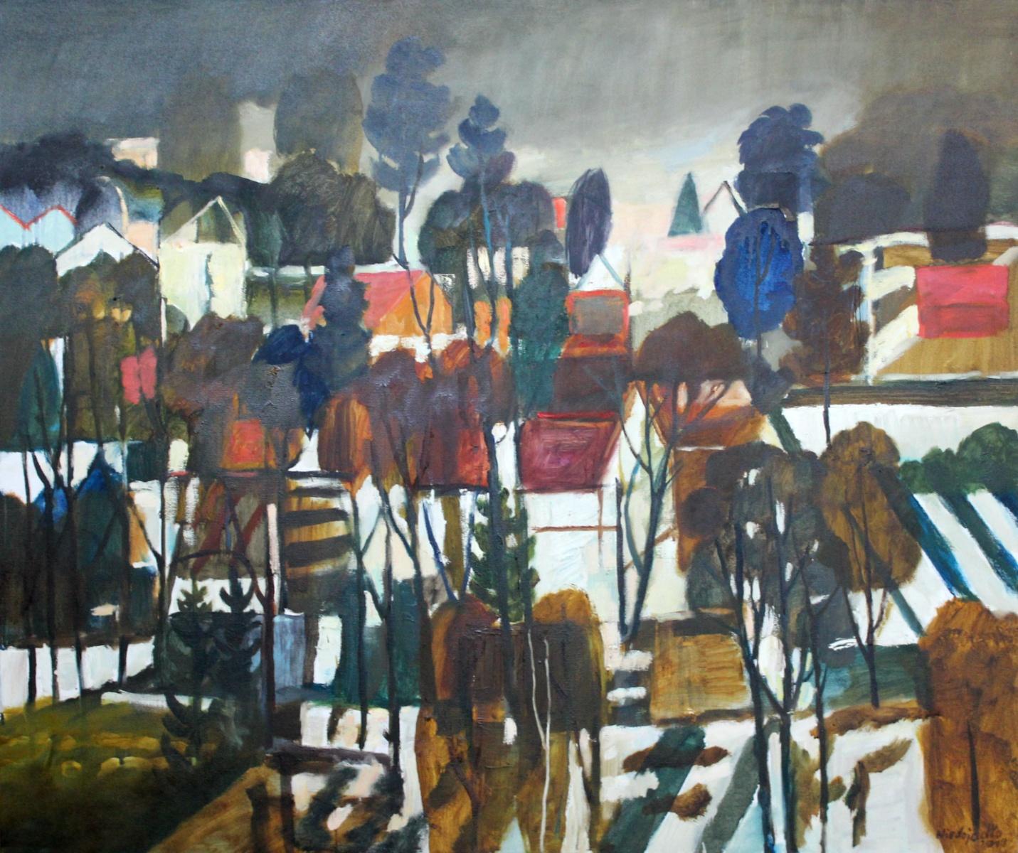 Marek Niedojadło Landscape Painting – Herbst Atmosphäre – 21. Jahrhundert, zeitgenössisches Öl-Landschaftsgemälde, farbenfrohe