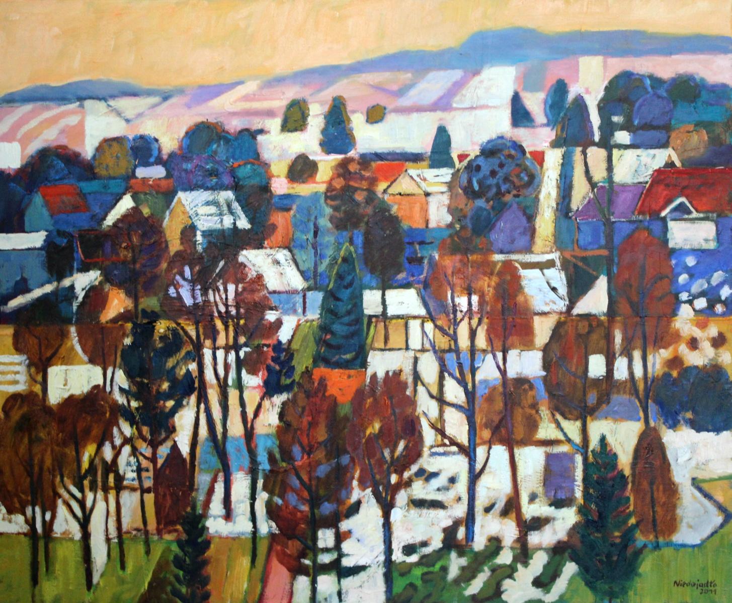 Marek Niedojadło Figurative Painting - Road to a park - XXI Century, Contemporary Oil Landscape Painting, Colourful