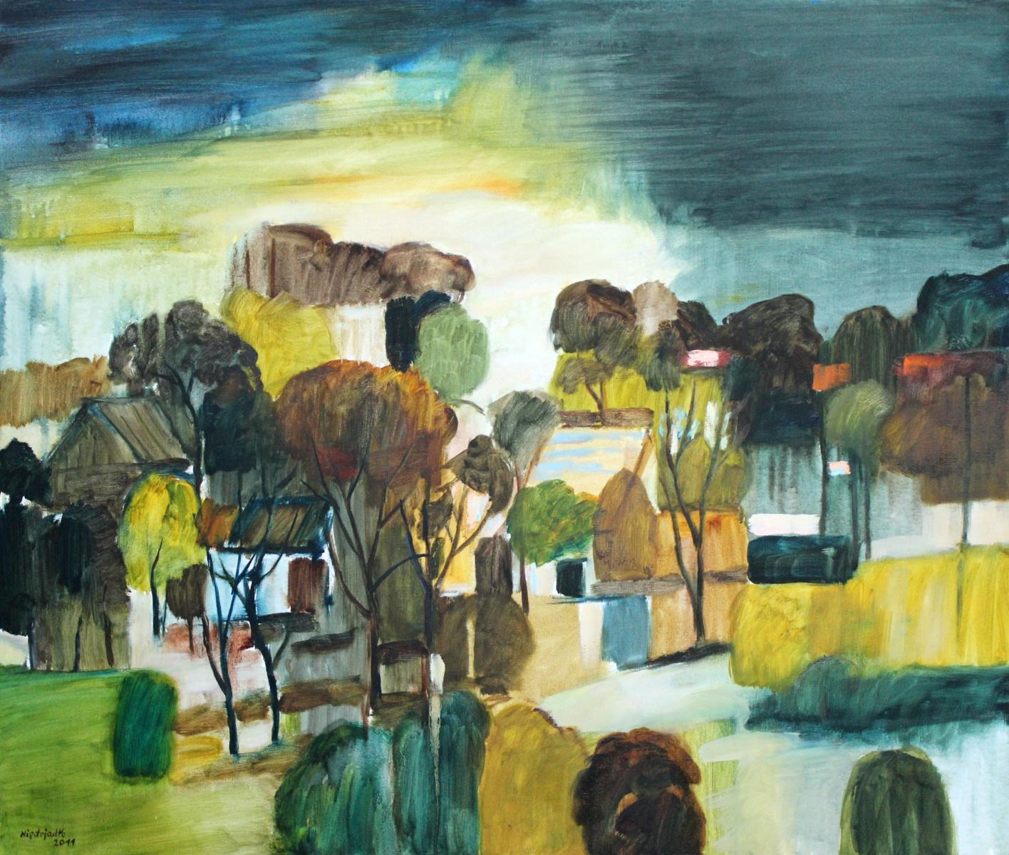 Marek Niedojadło Landscape Painting – Rain - XXI Jahrhundert, Öl-Landschaftsgemälde, farbenfrohes