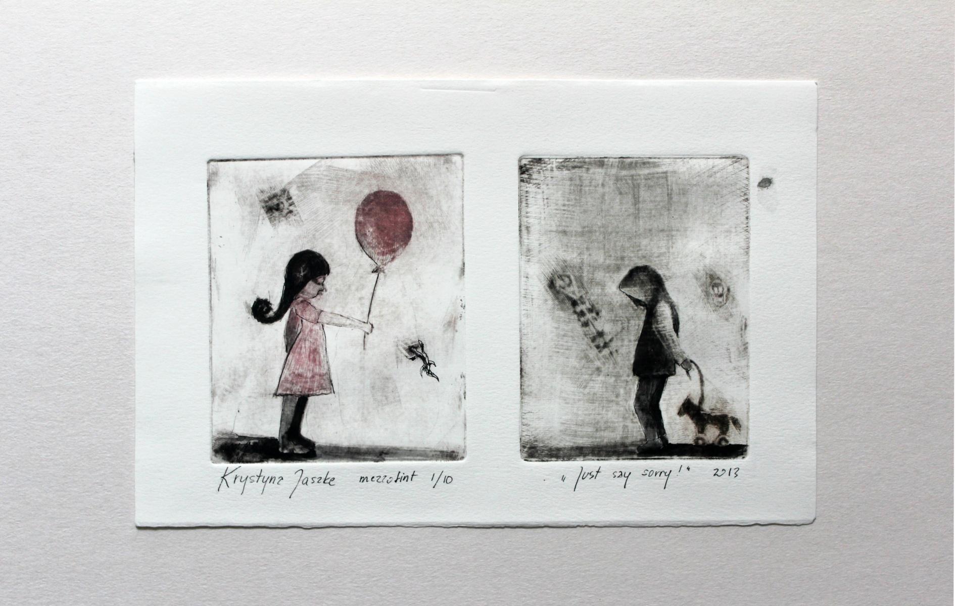 Pide perdón - Siglo XXI, Impresión figurativa contemporánea, Negro, Blanco, Rosa - Figurative Print Gris de Krystyna Jaszke