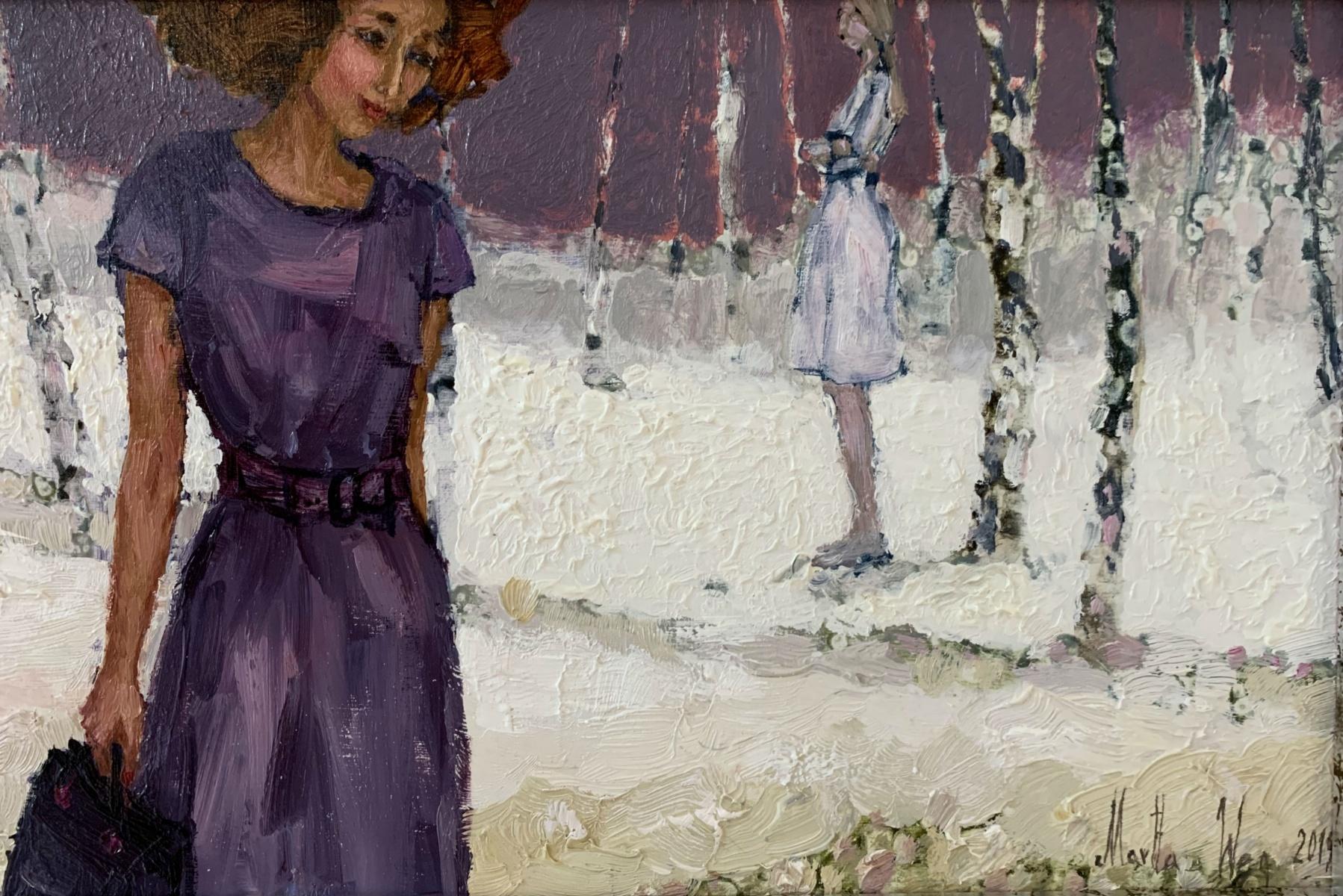 Mourning conversations - XXI century, Oil figurative painting colorful landscape - Gray Landscape Painting by Martta Węg
