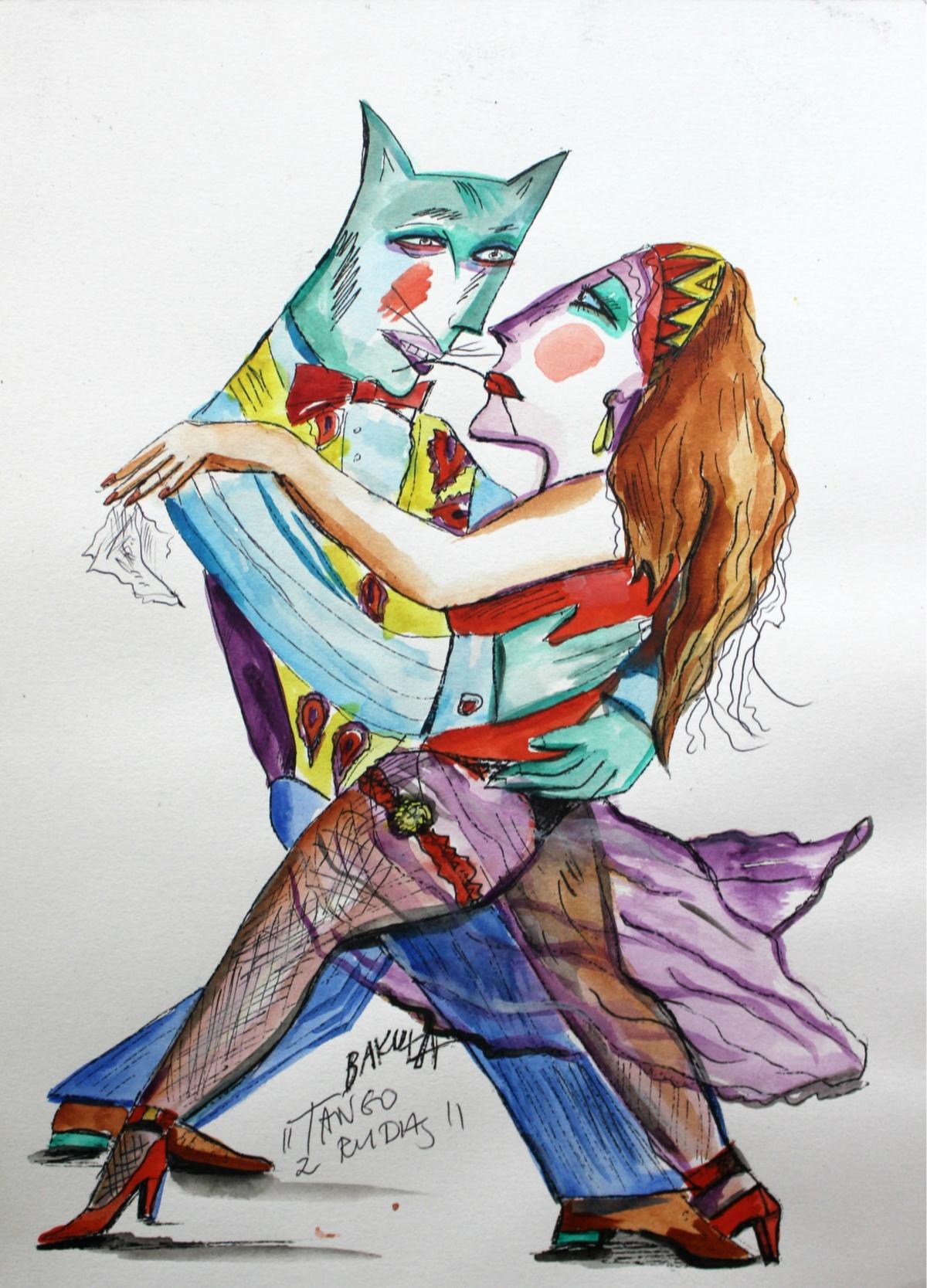 Hanna Bakuła Figurative Art - Tango with a redhead - XXI century, Watercolour figurative, Colourful