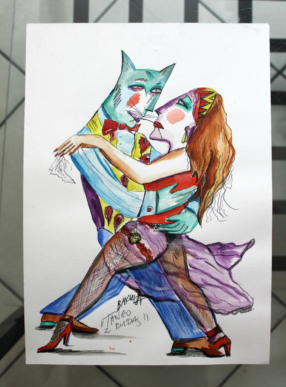 Tango with a redhead - XXI century, Watercolour figurative, Colourful - Art by Hanna Bakuła