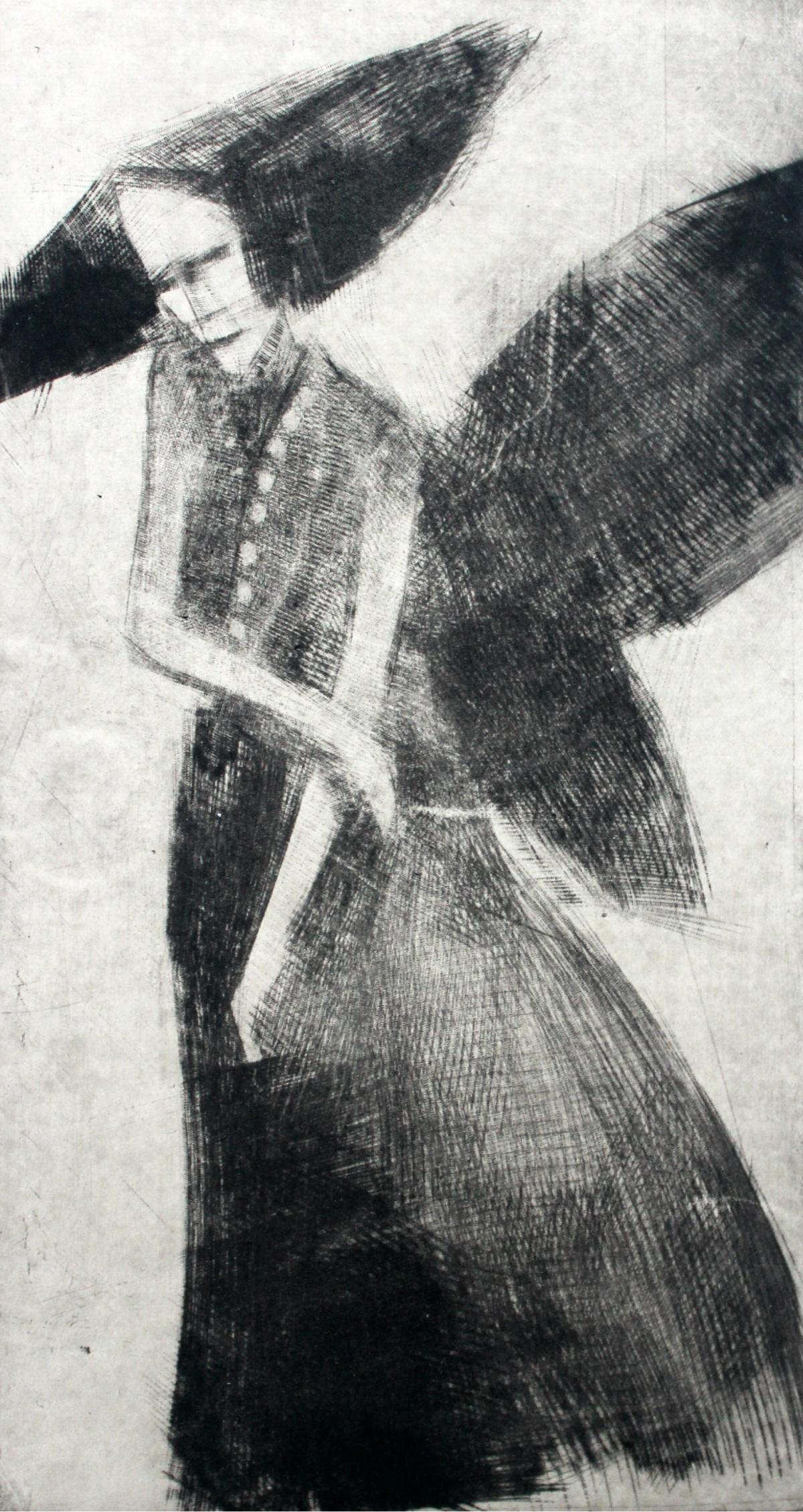 Krystyna Jaszke Figurative Print - Black angel - XXI century, Black and white figurative print, Myth