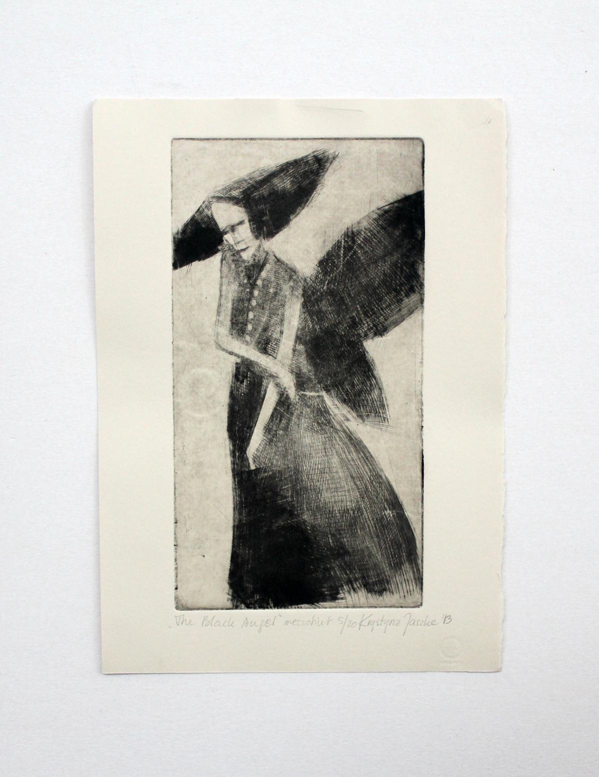 Black angel - XXI century, Black and white figurative print, Myth - Other Art Style Print by Krystyna Jaszke